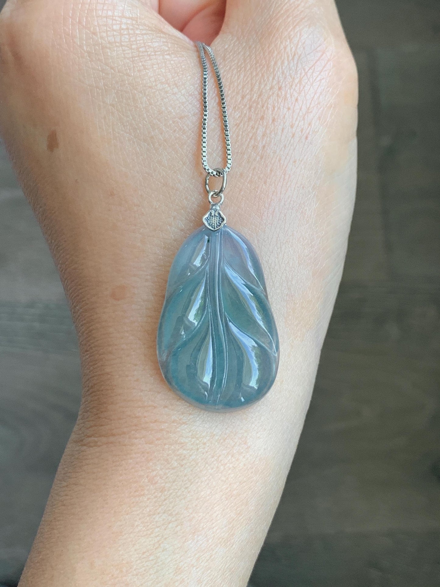 Natural Grade A Guatemalan Icy Translucent Dusty Teal Blue Jade Jadeite Carved Leaf Pendant Sterling Silver 天然冰胶危蓝翡翠大叶有成银镶吊坠 WLB280B