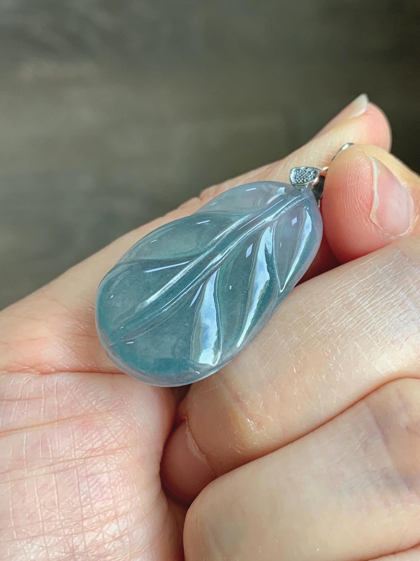 Natural Grade A Guatemalan Icy Translucent Dusty Teal Blue Jade Jadeite Carved Leaf Pendant Sterling Silver 天然冰胶危蓝翡翠大叶有成银镶吊坠 WLB280B