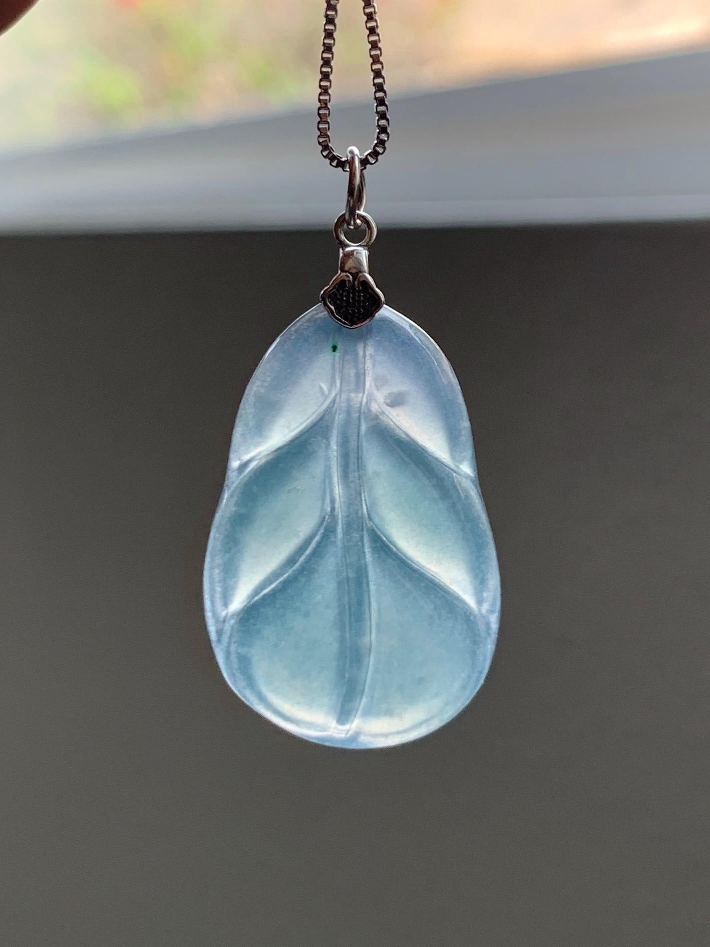 Natural Grade A Guatemalan Icy Translucent Dusty Teal Blue Jade Jadeite Carved Leaf Pendant Sterling Silver 天然冰胶危蓝翡翠大叶有成银镶吊坠 WLB280B