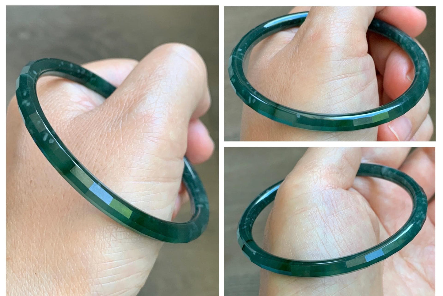 Certified Natural Grade A Guatemalan Icy Highly Translucent Deep Teal Green Faceted Jadeite Slim Bangle 56.9mm 7” 14g 天然冰胶危深蓝绿翡翠细圆条切割面手镯 215