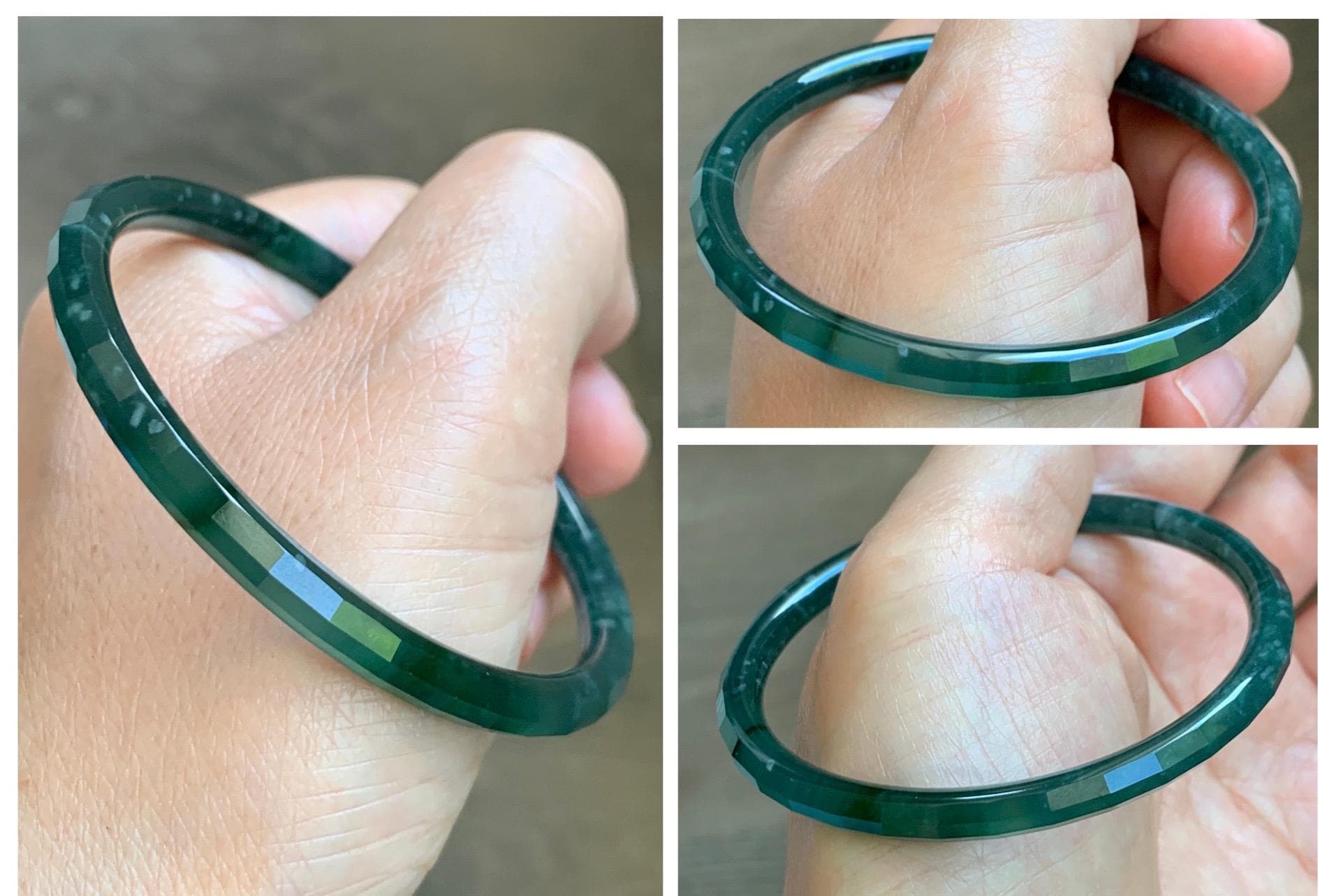 Certified Natural Grade A Guatemalan Icy Highly Translucent Deep Teal Green Faceted Jadeite Slim Bangle 56.9mm 7” 14g 天然冰胶危深蓝绿翡翠细圆条切割面手镯 215