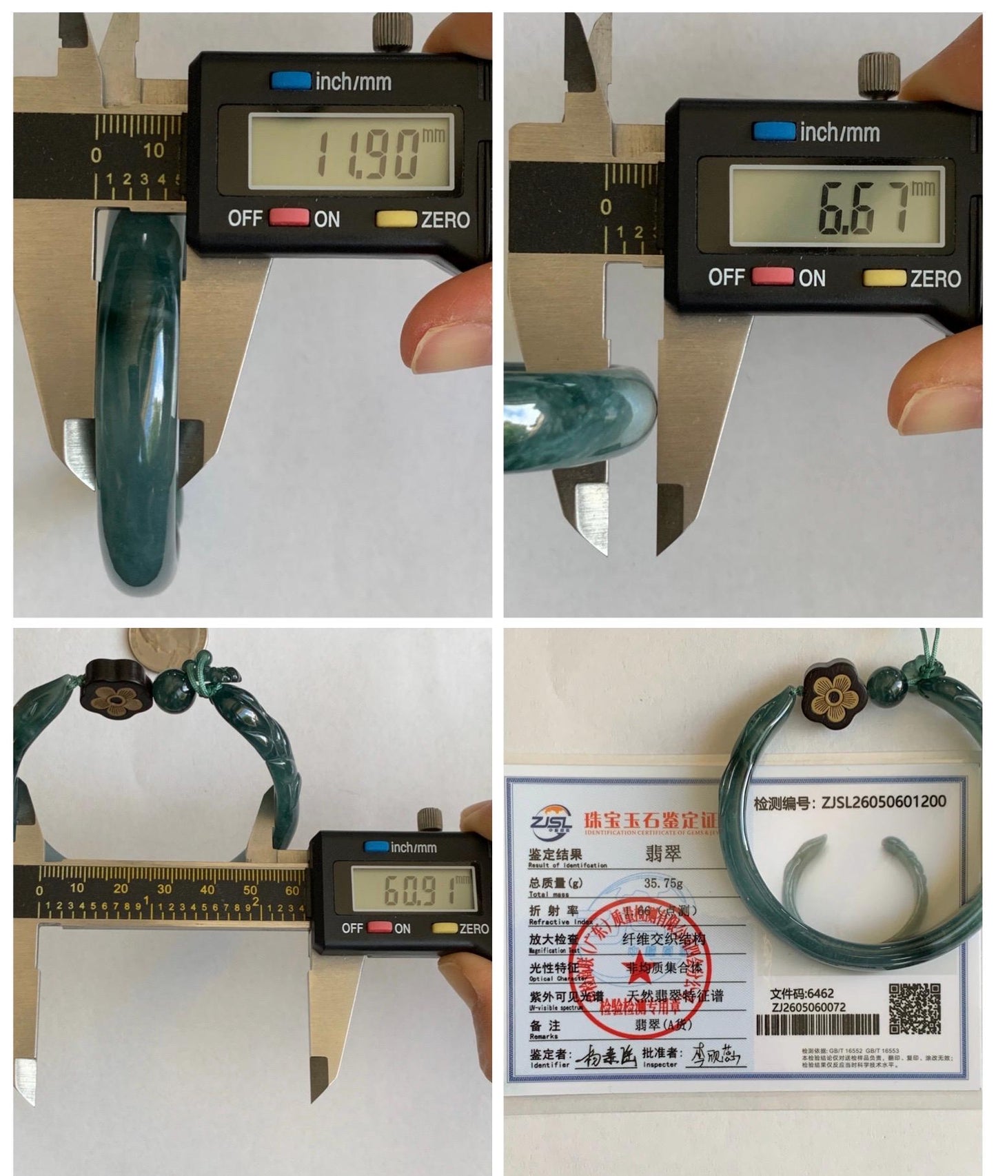 Certified Natural Grade A Guatemalan Icy Dusty Teal Blue Jade Jadeite Nine-tailed Fox Open Bangle 60.9mm 7.53” 39g 天然冰危篮绿翡翠九尾狐开口镯 1200