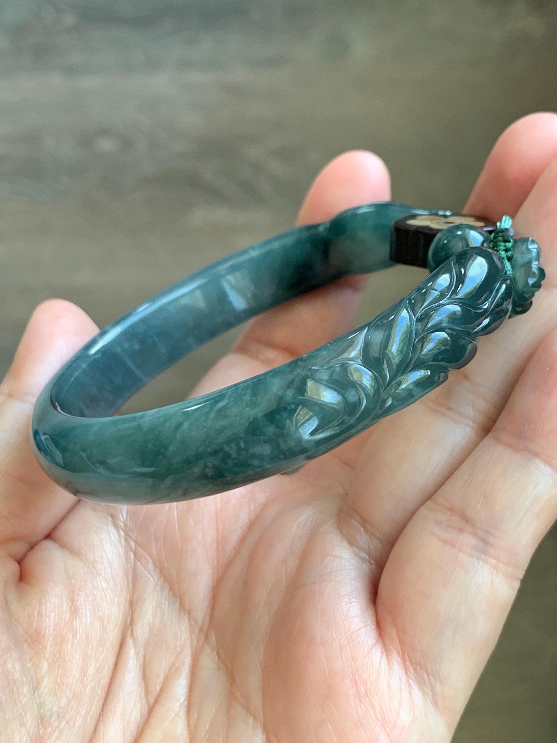 Certified Natural Grade A Guatemalan Icy Dusty Teal Blue Jade Jadeite Nine-tailed Fox Open Bangle 60.9mm 7.53” 39g 天然冰危篮绿翡翠九尾狐开口镯 1200