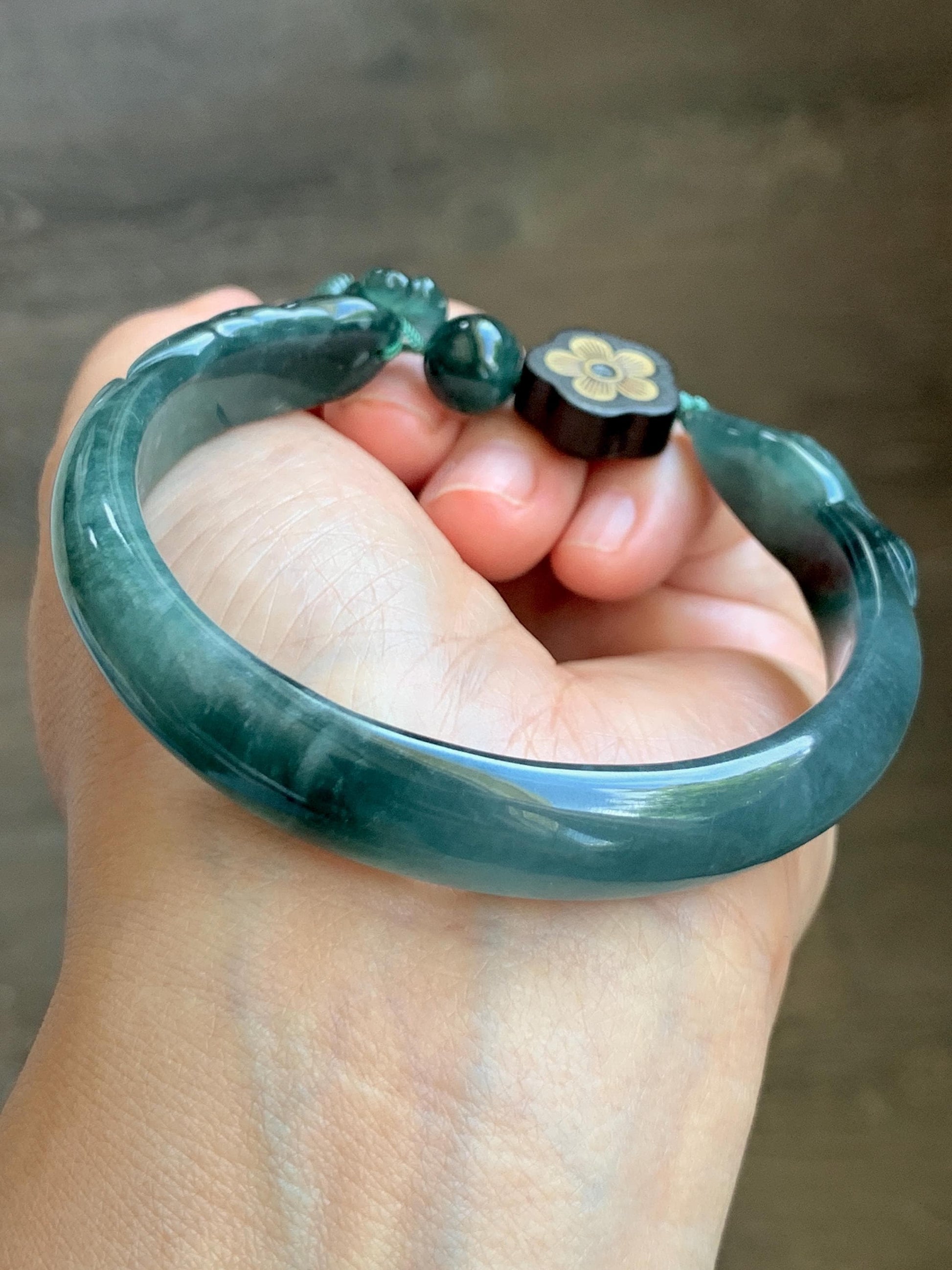 Certified Natural Grade A Guatemalan Icy Dusty Teal Blue Jade Jadeite Nine-tailed Fox Open Bangle 60.9mm 7.53” 39g 天然冰危篮绿翡翠九尾狐开口镯 1200