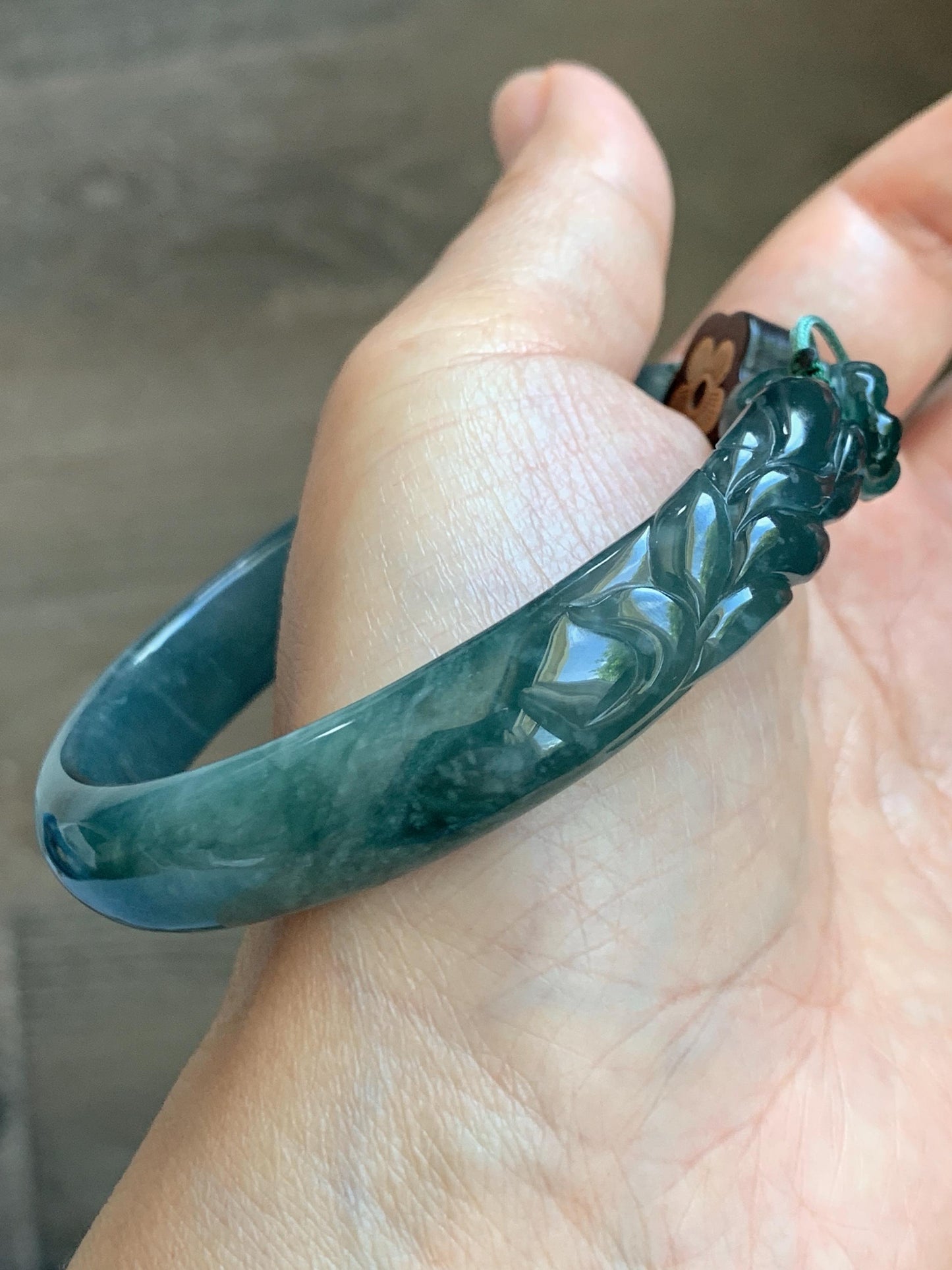 Certified Natural Grade A Guatemalan Icy Dusty Teal Blue Jade Jadeite Nine-tailed Fox Open Bangle 60.9mm 7.53” 39g 天然冰危篮绿翡翠九尾狐开口镯 1200