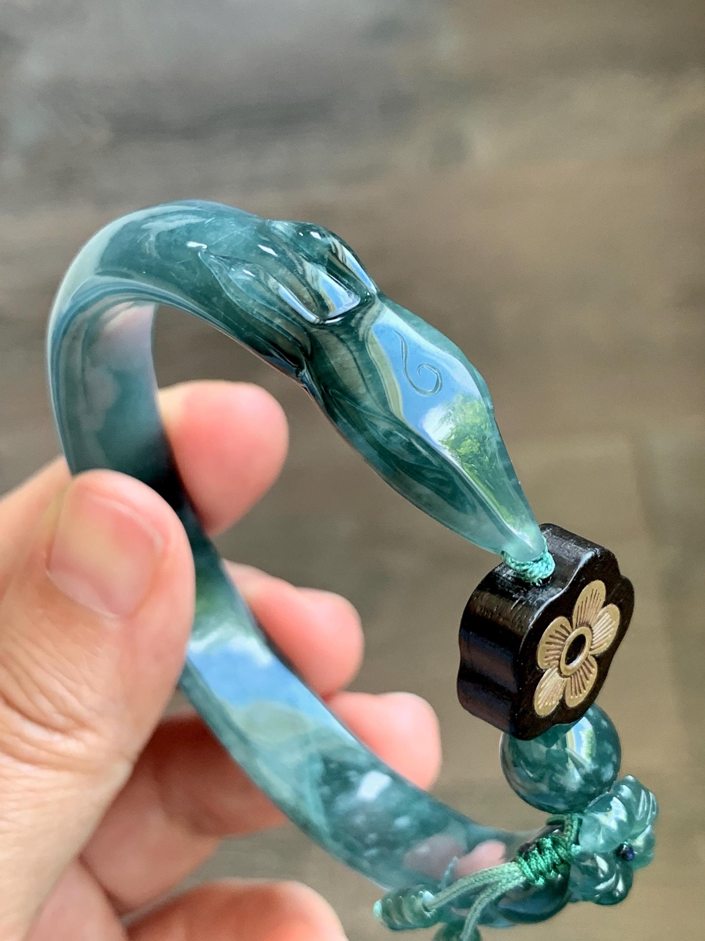 Certified Natural Grade A Guatemalan Icy Dusty Teal Blue Jade Jadeite Nine-tailed Fox Open Bangle 60.9mm 7.53” 39g 天然冰危篮绿翡翠九尾狐开口镯 1200