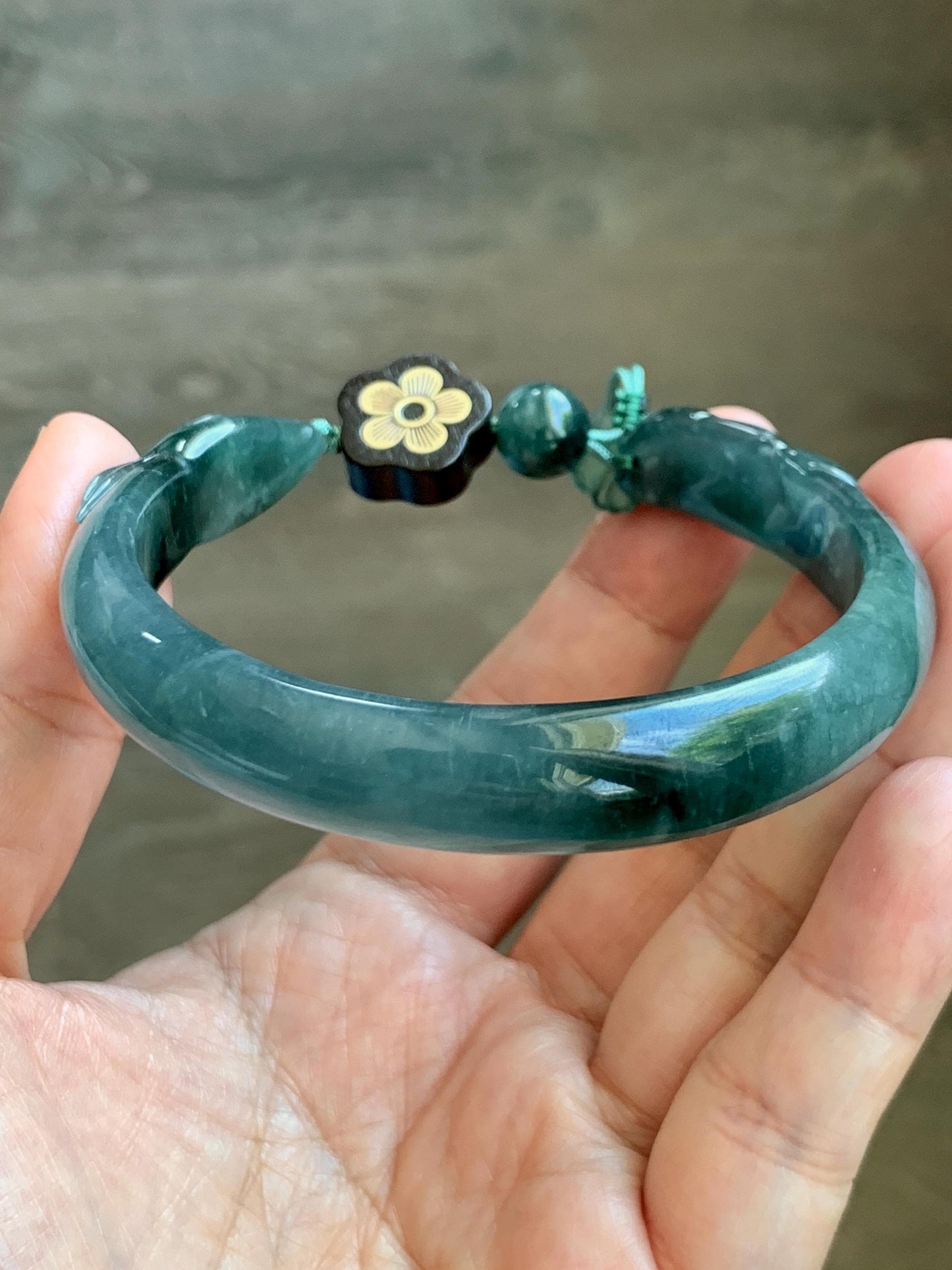 Certified Natural Grade A Guatemalan Icy Dusty Teal Blue Jade Jadeite Nine-tailed Fox Open Bangle 60.9mm 7.53” 39g 天然冰危篮绿翡翠九尾狐开口镯 1200