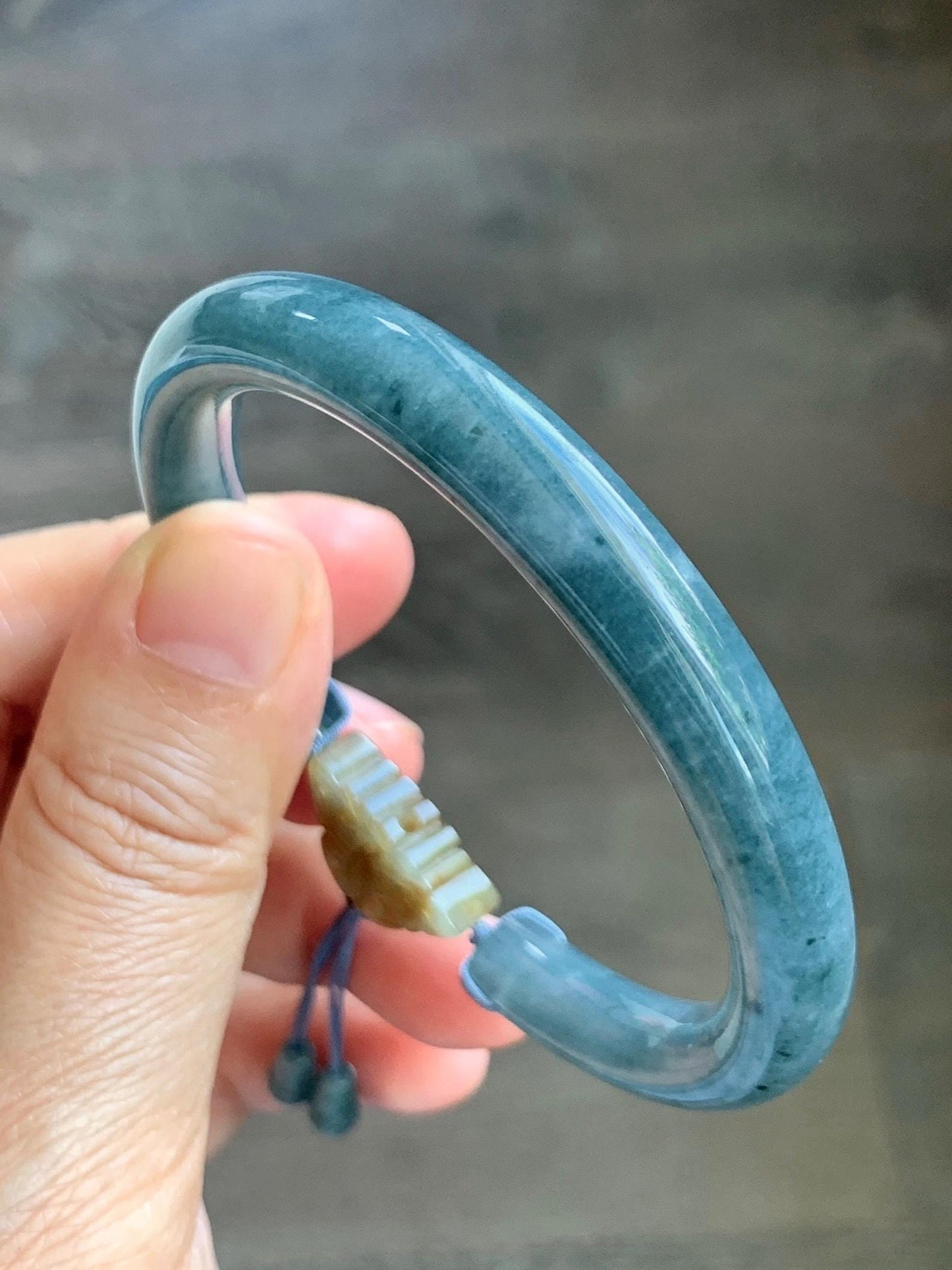 Certified Natural Grade A Guatemalan Icy Dusty Aegean Blue Jade Jadeite Open Bangle Icy Yellow Butterfly Charm 54.8mm 6.77” 天然冰危牛仔篮翡翠开口镯1202
