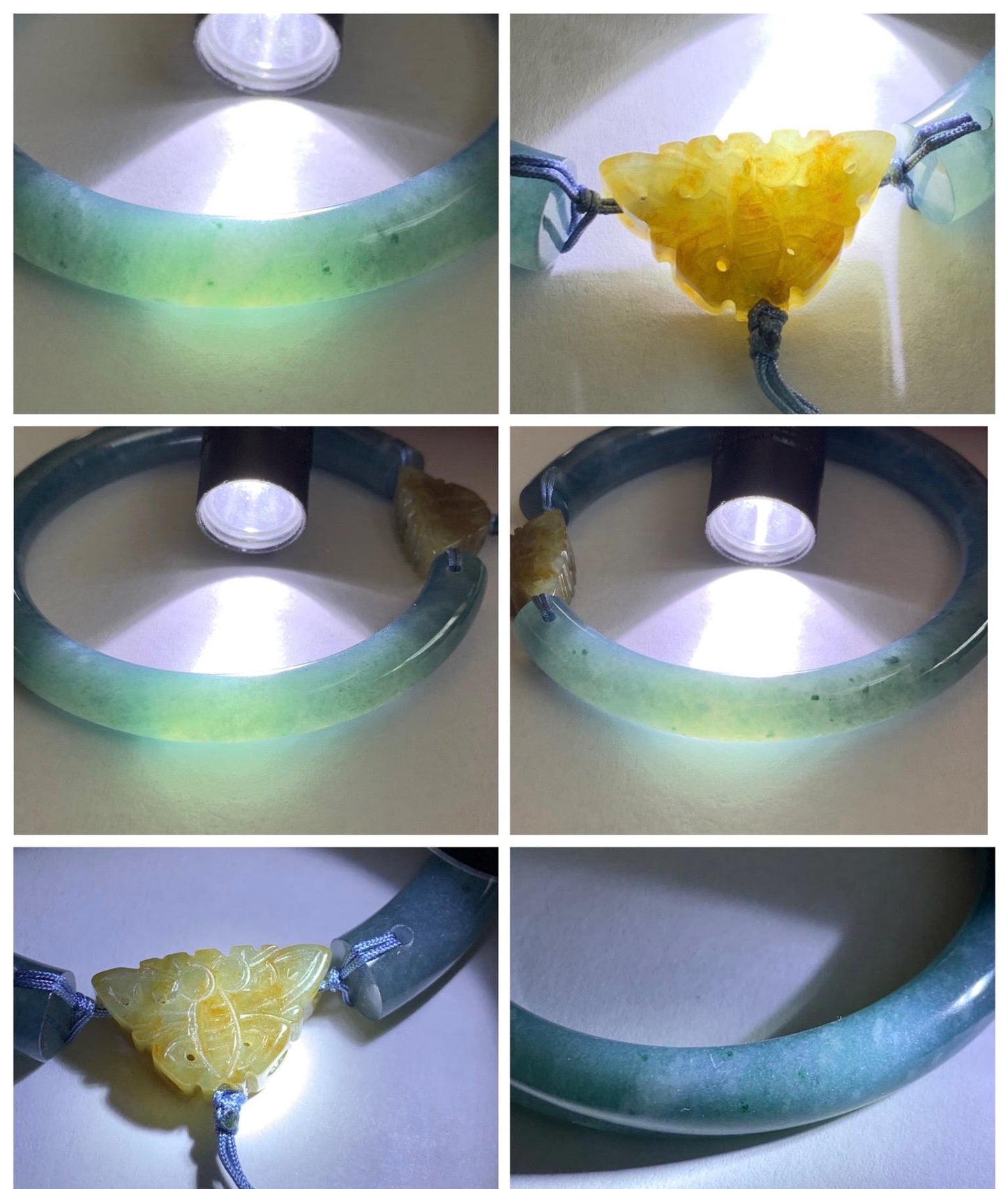 Certified Natural Grade A Guatemalan Icy Dusty Aegean Blue Jade Jadeite Open Bangle Icy Yellow Butterfly Charm 54.8mm 6.77” 天然冰危牛仔篮翡翠开口镯1202
