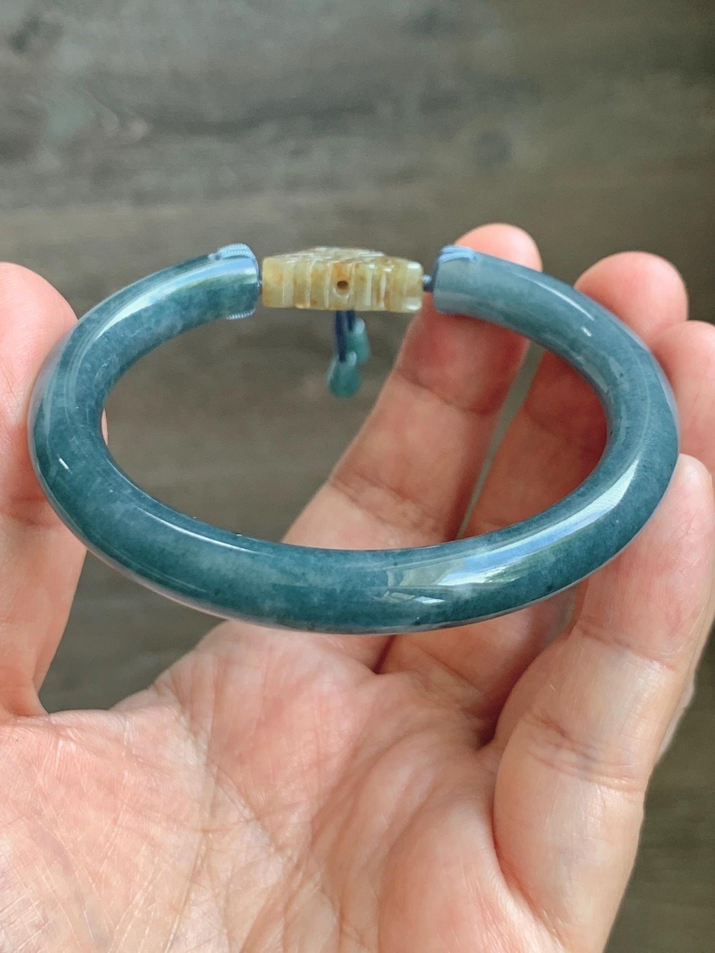 Certified Natural Grade A Guatemalan Icy Dusty Aegean Blue Jade Jadeite Open Bangle Icy Yellow Butterfly Charm 54.8mm 6.77” 天然冰危牛仔篮翡翠开口镯1202