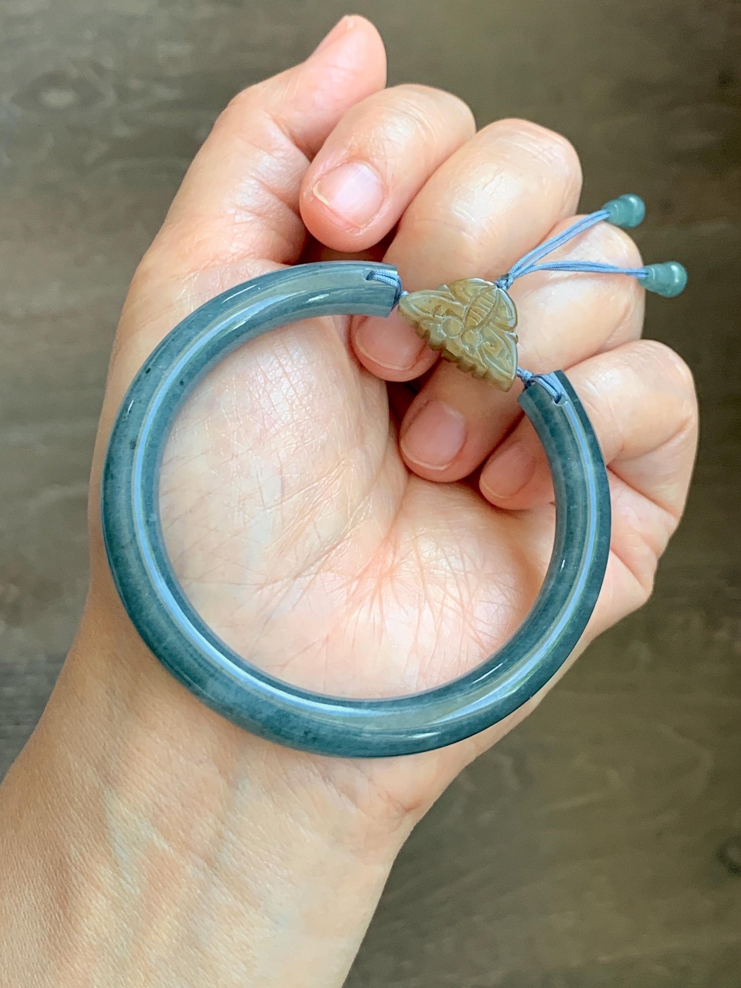 Certified Natural Grade A Guatemalan Icy Dusty Aegean Blue Jade Jadeite Open Bangle Icy Yellow Butterfly Charm 54.8mm 6.77” 天然冰危牛仔篮翡翠开口镯1202