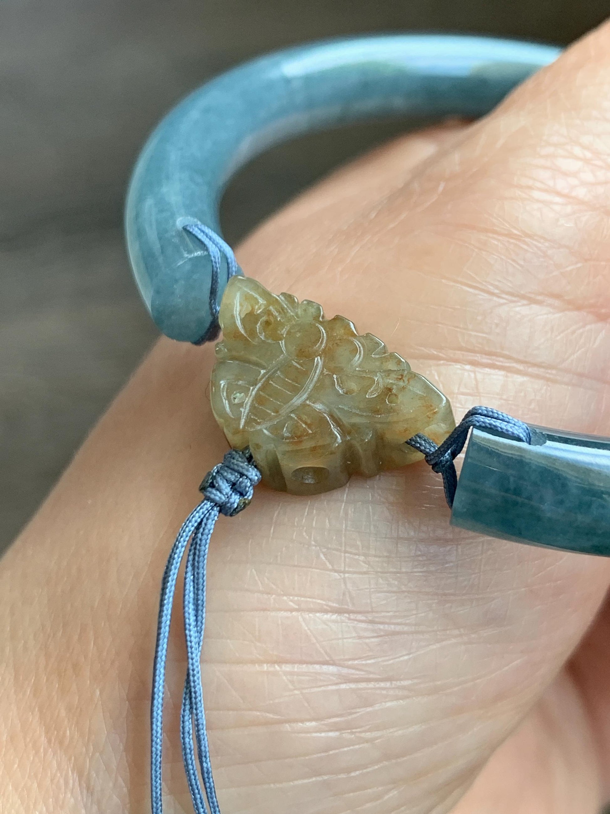 Certified Natural Grade A Guatemalan Icy Dusty Aegean Blue Jade Jadeite Open Bangle Icy Yellow Butterfly Charm 54.8mm 6.77” 天然冰危牛仔篮翡翠开口镯1202