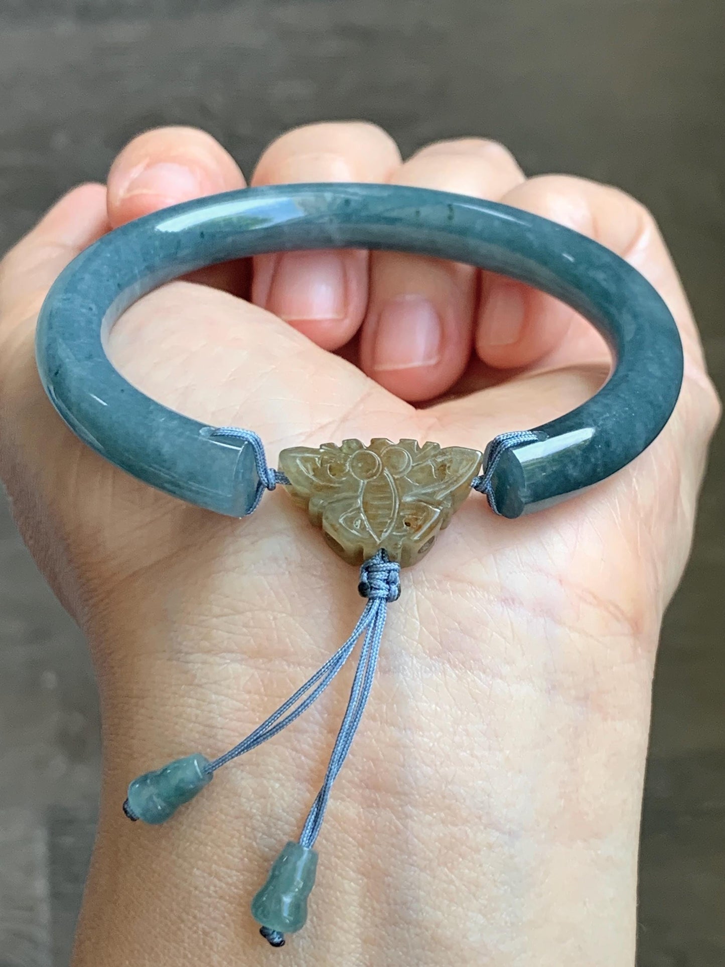Certified Natural Grade A Guatemalan Icy Dusty Aegean Blue Jade Jadeite Open Bangle Icy Yellow Butterfly Charm 54.8mm 6.77” 天然冰危牛仔篮翡翠开口镯1202