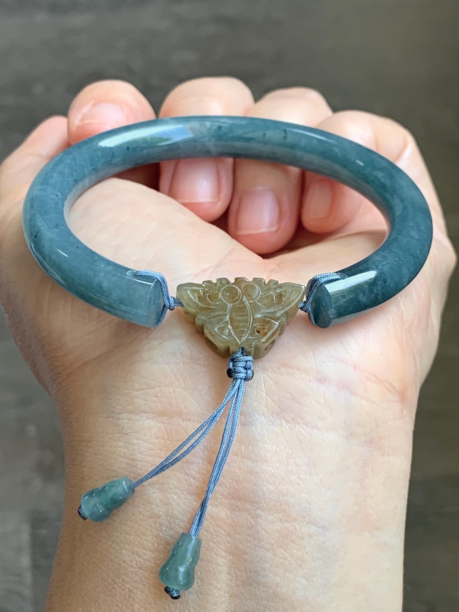Certified Natural Grade A Guatemalan Icy Dusty Aegean Blue Jade Jadeite Open Bangle Icy Yellow Butterfly Charm 54.8mm 6.77” 天然冰危牛仔篮翡翠开口镯1202