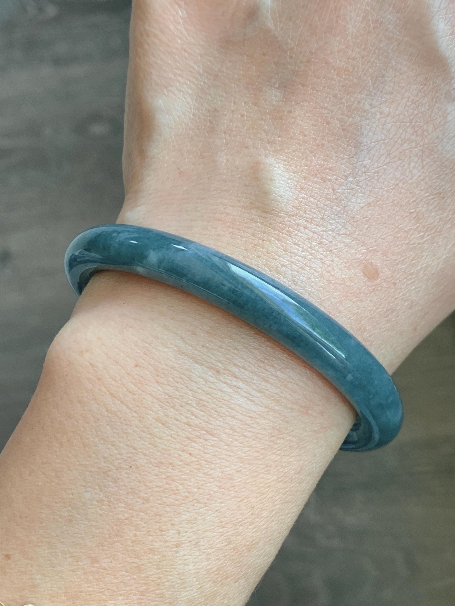 Certified Natural Grade A Guatemalan Icy Dusty Aegean Blue Jade Jadeite Open Bangle Icy Yellow Butterfly Charm 54.8mm 6.77” 天然冰危牛仔篮翡翠开口镯1202
