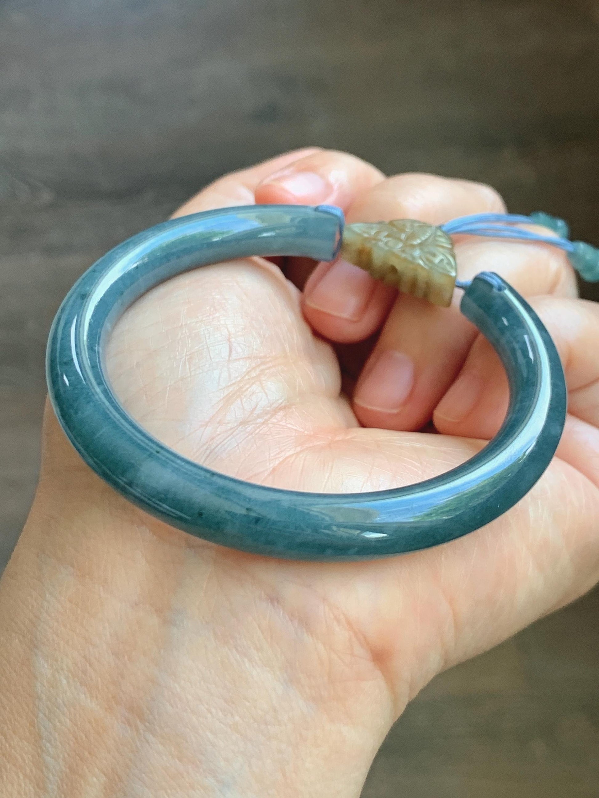 Certified Natural Grade A Guatemalan Icy Dusty Aegean Blue Jade Jadeite Open Bangle Icy Yellow Butterfly Charm 54.8mm 6.77” 天然冰危牛仔篮翡翠开口镯1202