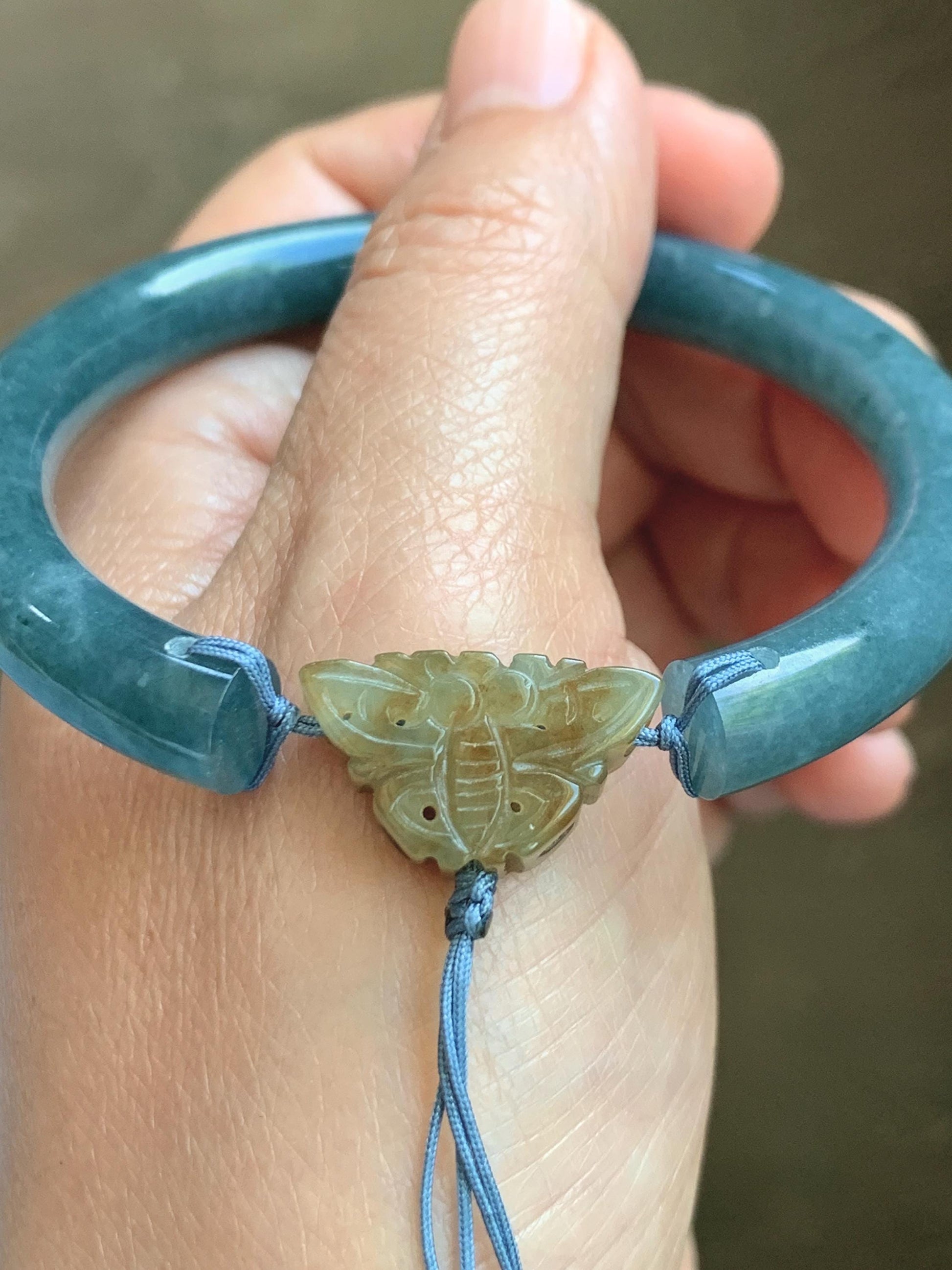 Certified Natural Grade A Guatemalan Icy Dusty Aegean Blue Jade Jadeite Open Bangle Icy Yellow Butterfly Charm 54.8mm 6.77” 天然冰危牛仔篮翡翠开口镯1202