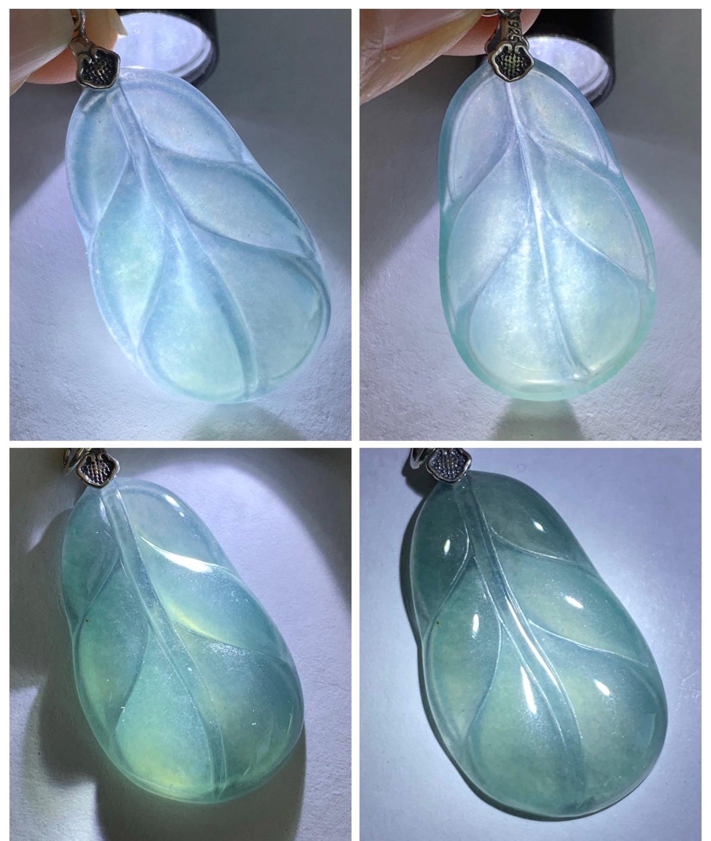 Natural Grade A Guatemalan Icy Translucent Dusty Teal Blue Jade Jadeite Carved Leaf Pendant Sterling Silver 天然冰胶危蓝翡翠大叶有成银镶吊坠 WLB280C