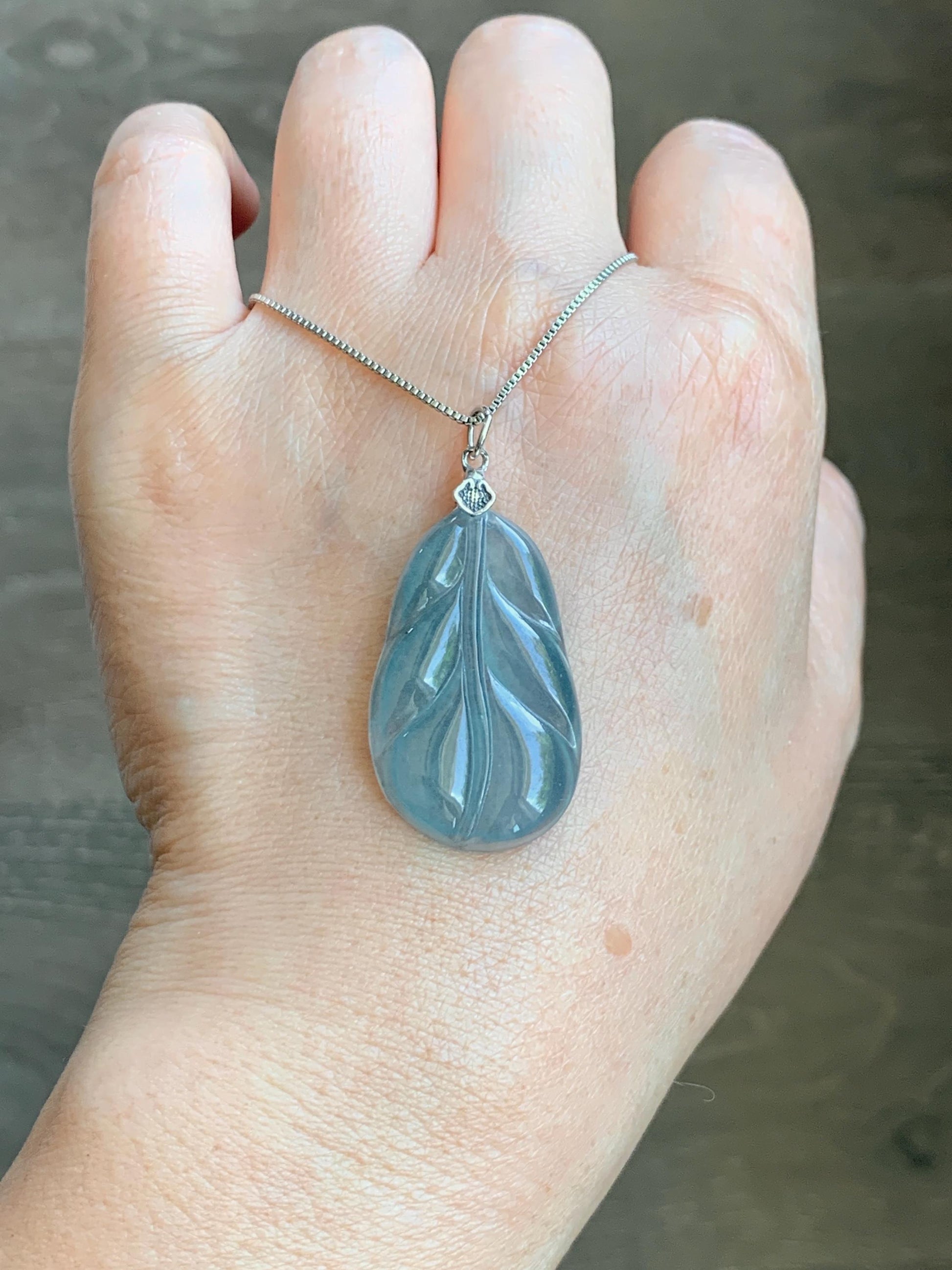 Natural Grade A Guatemalan Icy Translucent Dusty Teal Blue Jade Jadeite Carved Leaf Pendant Sterling Silver 天然冰胶危蓝翡翠大叶有成银镶吊坠 WLB280C