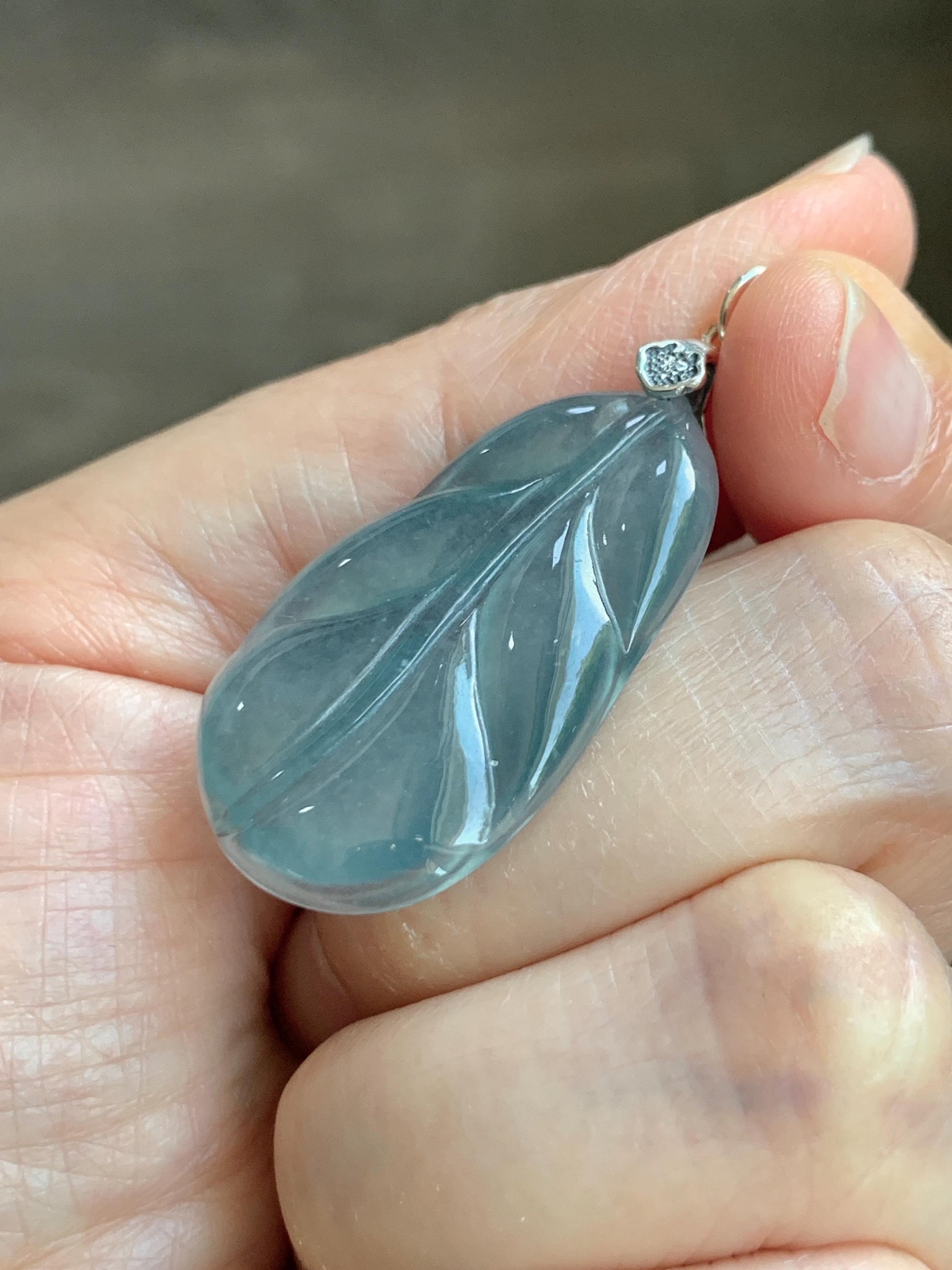 Natural Grade A Guatemalan Icy Translucent Dusty Teal Blue Jade Jadeite Carved Leaf Pendant Sterling Silver 天然冰胶危蓝翡翠大叶有成银镶吊坠 WLB280C