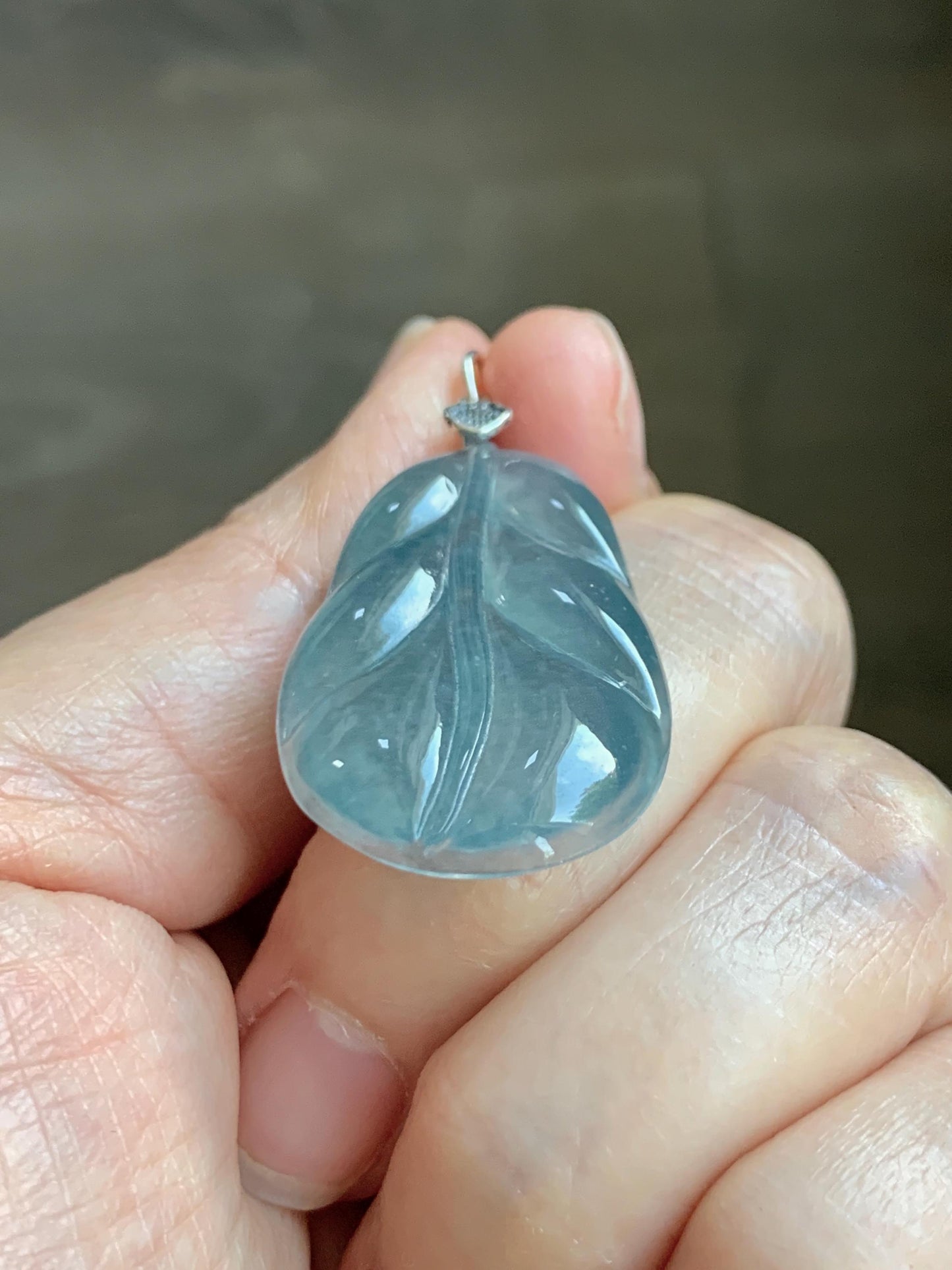 Natural Grade A Guatemalan Icy Translucent Dusty Teal Blue Jade Jadeite Carved Leaf Pendant Sterling Silver 天然冰胶危蓝翡翠大叶有成银镶吊坠 WLB280C