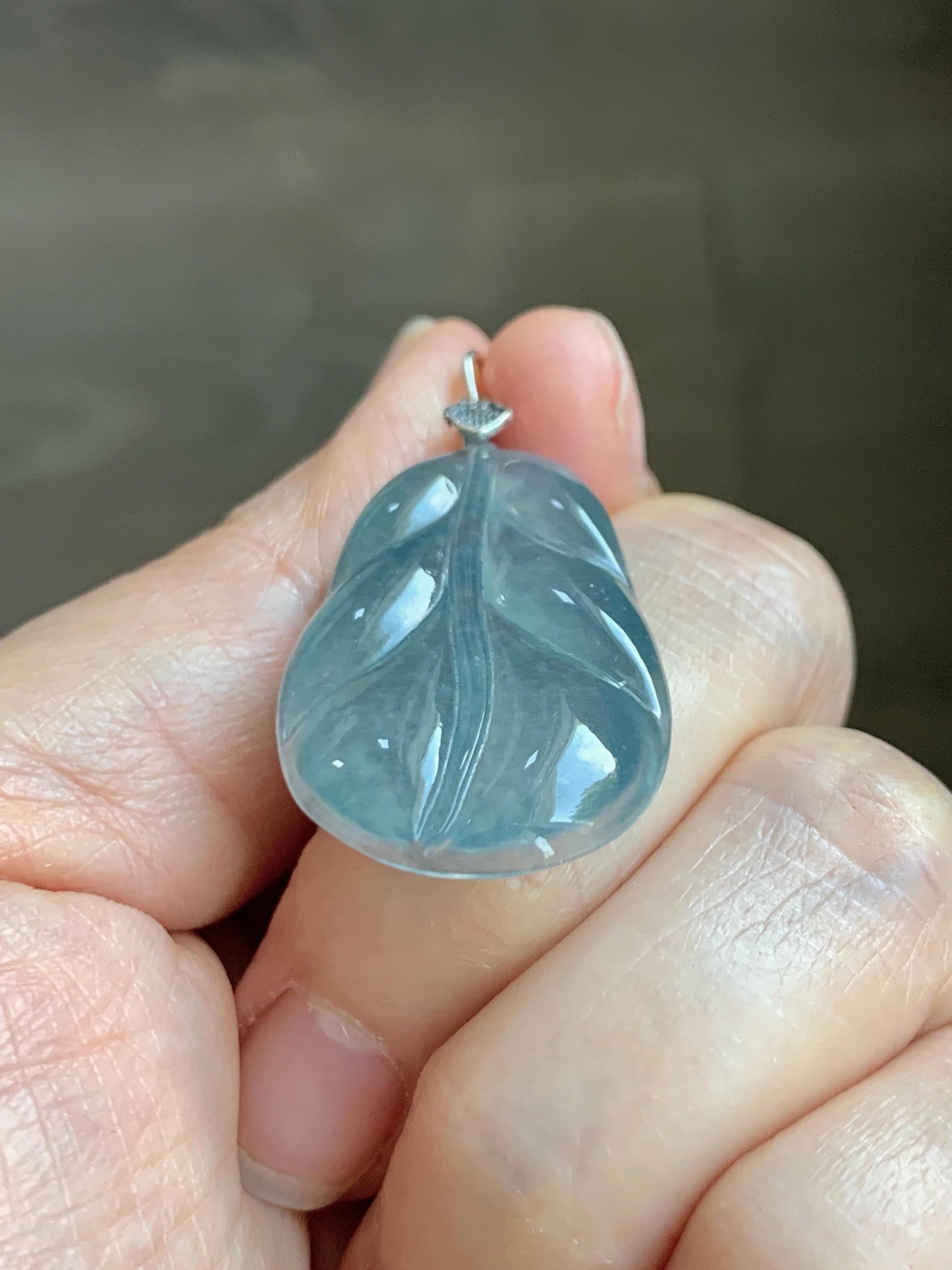 Natural Grade A Guatemalan Icy Translucent Dusty Teal Blue Jade Jadeite Carved Leaf Pendant Sterling Silver 天然冰胶危蓝翡翠大叶有成银镶吊坠 WLB280C