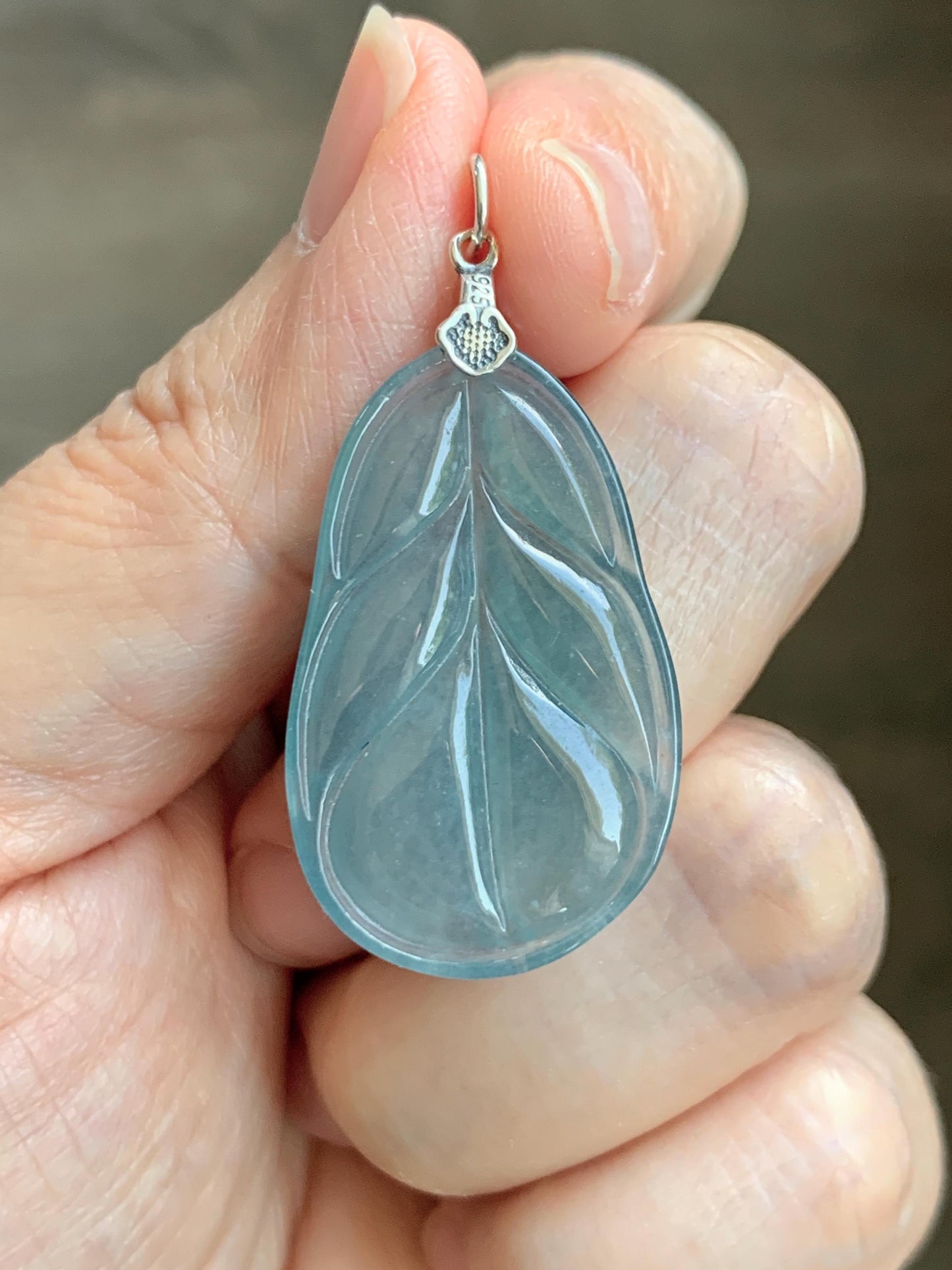 Natural Grade A Guatemalan Icy Translucent Dusty Teal Blue Jade Jadeite Carved Leaf Pendant Sterling Silver 天然冰胶危蓝翡翠大叶有成银镶吊坠 WLB280C