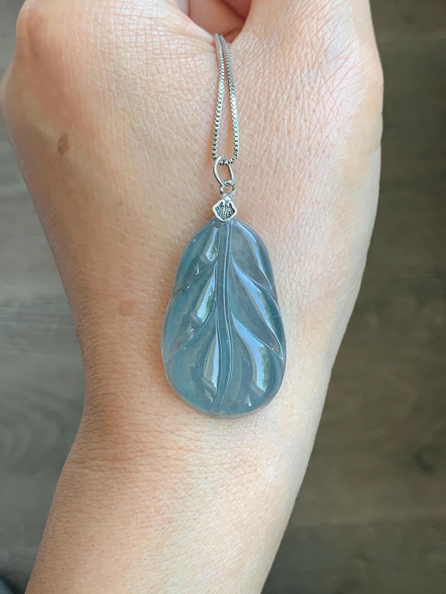 Natural Grade A Guatemalan Icy Translucent Dusty Teal Blue Jade Jadeite Carved Leaf Pendant Sterling Silver 天然冰胶危蓝翡翠大叶有成银镶吊坠 WLB280C