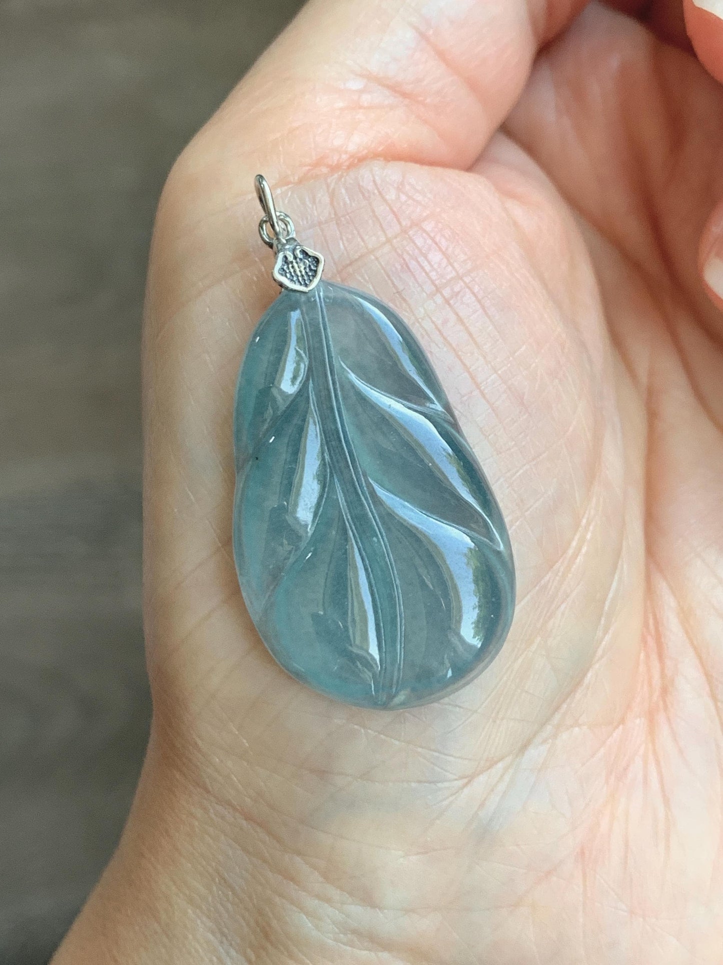 Natural Grade A Guatemalan Icy Translucent Dusty Teal Blue Jade Jadeite Carved Leaf Pendant Sterling Silver 天然冰胶危蓝翡翠大叶有成银镶吊坠 WLB280C