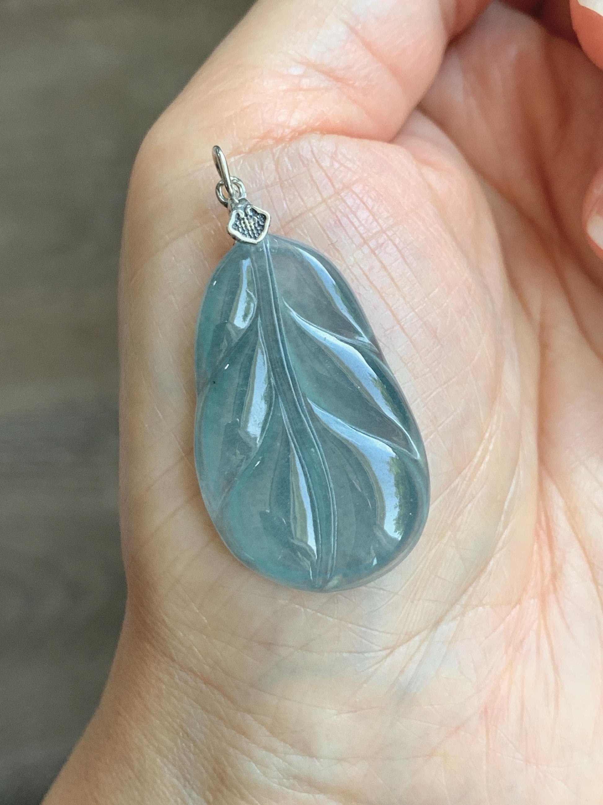 Natural Grade A Guatemalan Icy Translucent Dusty Teal Blue Jade Jadeite Carved Leaf Pendant Sterling Silver 天然冰胶危蓝翡翠大叶有成银镶吊坠 WLB280C