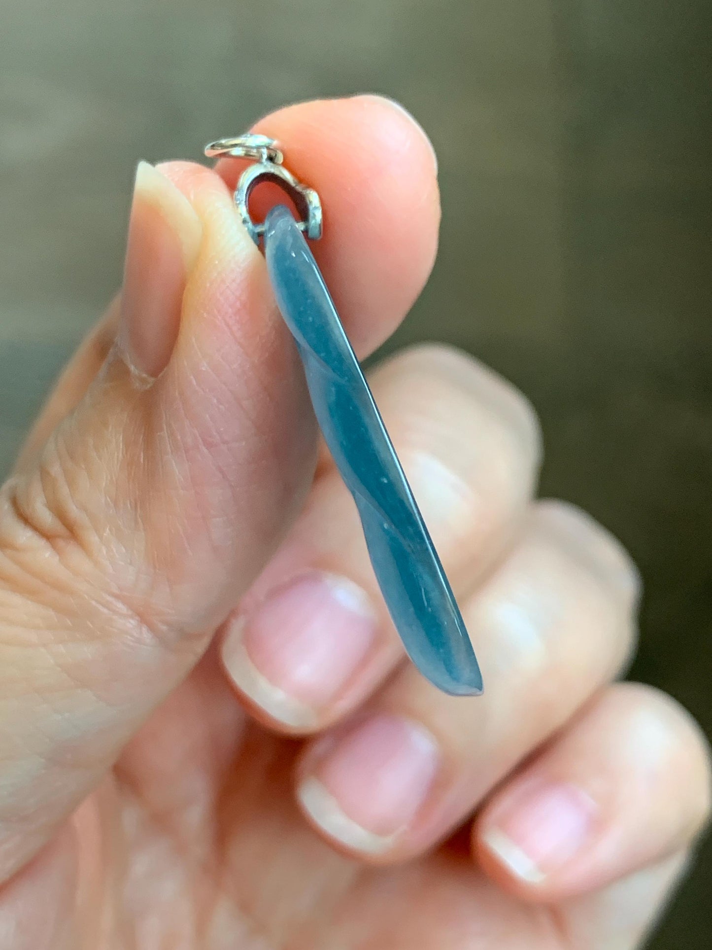 Natural Grade A Guatemalan Icy Translucent Dusty Teal Blue Jade Jadeite Carved Leaf Pendant Sterling Silver 天然冰胶危蓝翡翠大叶有成银镶吊坠 WLB280C