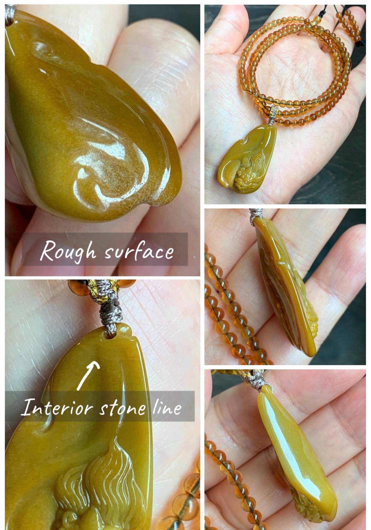 Certified Natural Grade A Guatemalan Icy Rich Yellow Jade Jadeite Carved Pixiu Pendant Beaded Necklace 22” 18g 天然冰危鸡油黄翡翠貔貅吊坠 1162