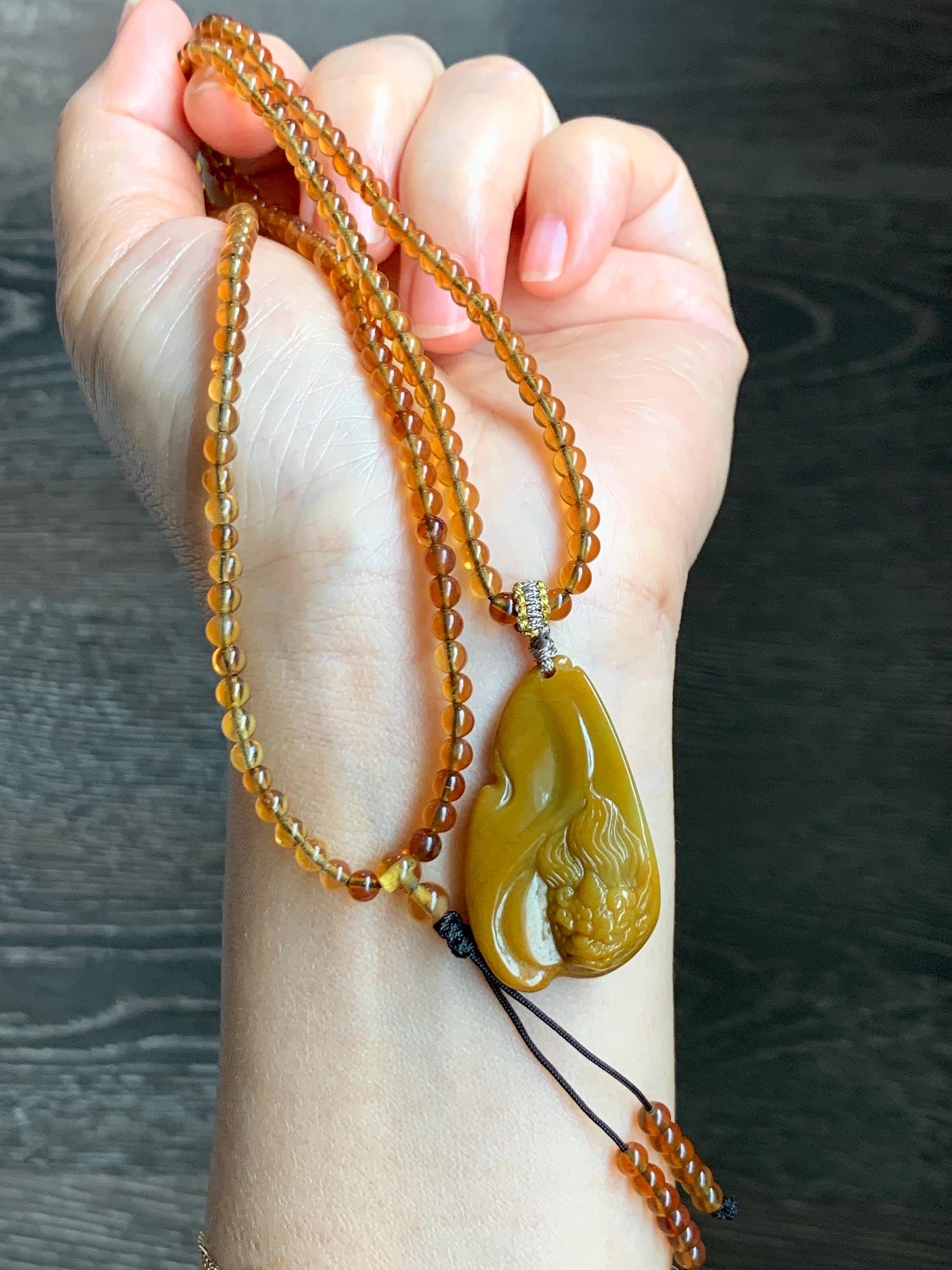Certified Natural Grade A Guatemalan Icy Rich Yellow Jade Jadeite Carved Pixiu Pendant Beaded Necklace 22” 18g 天然冰危鸡油黄翡翠貔貅吊坠 1162