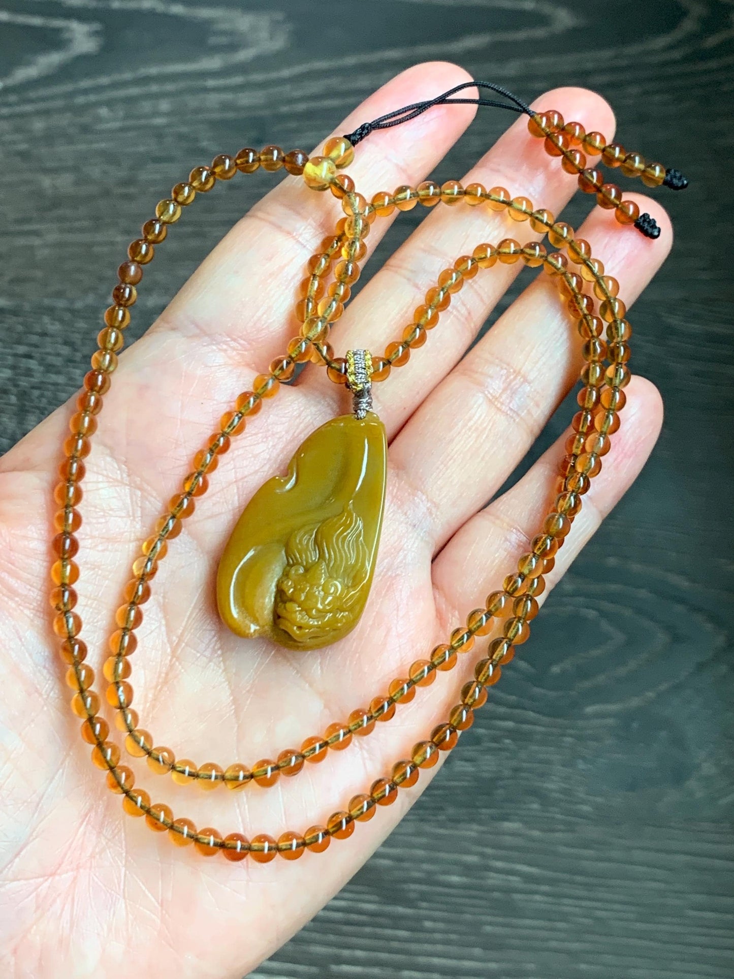 Certified Natural Grade A Guatemalan Icy Rich Yellow Jade Jadeite Carved Pixiu Pendant Beaded Necklace 22” 18g 天然冰危鸡油黄翡翠貔貅吊坠 1162