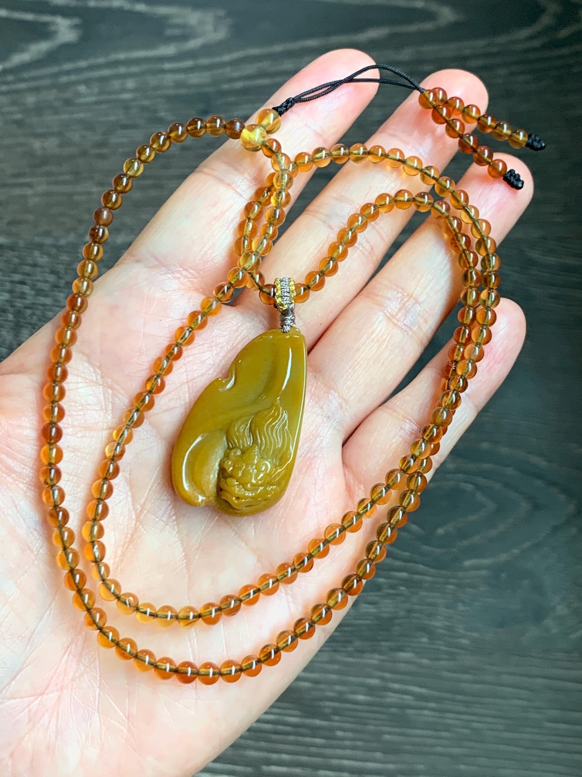 Certified Natural Grade A Guatemalan Icy Rich Yellow Jade Jadeite Carved Pixiu Pendant Beaded Necklace 22” 18g 天然冰危鸡油黄翡翠貔貅吊坠 1162