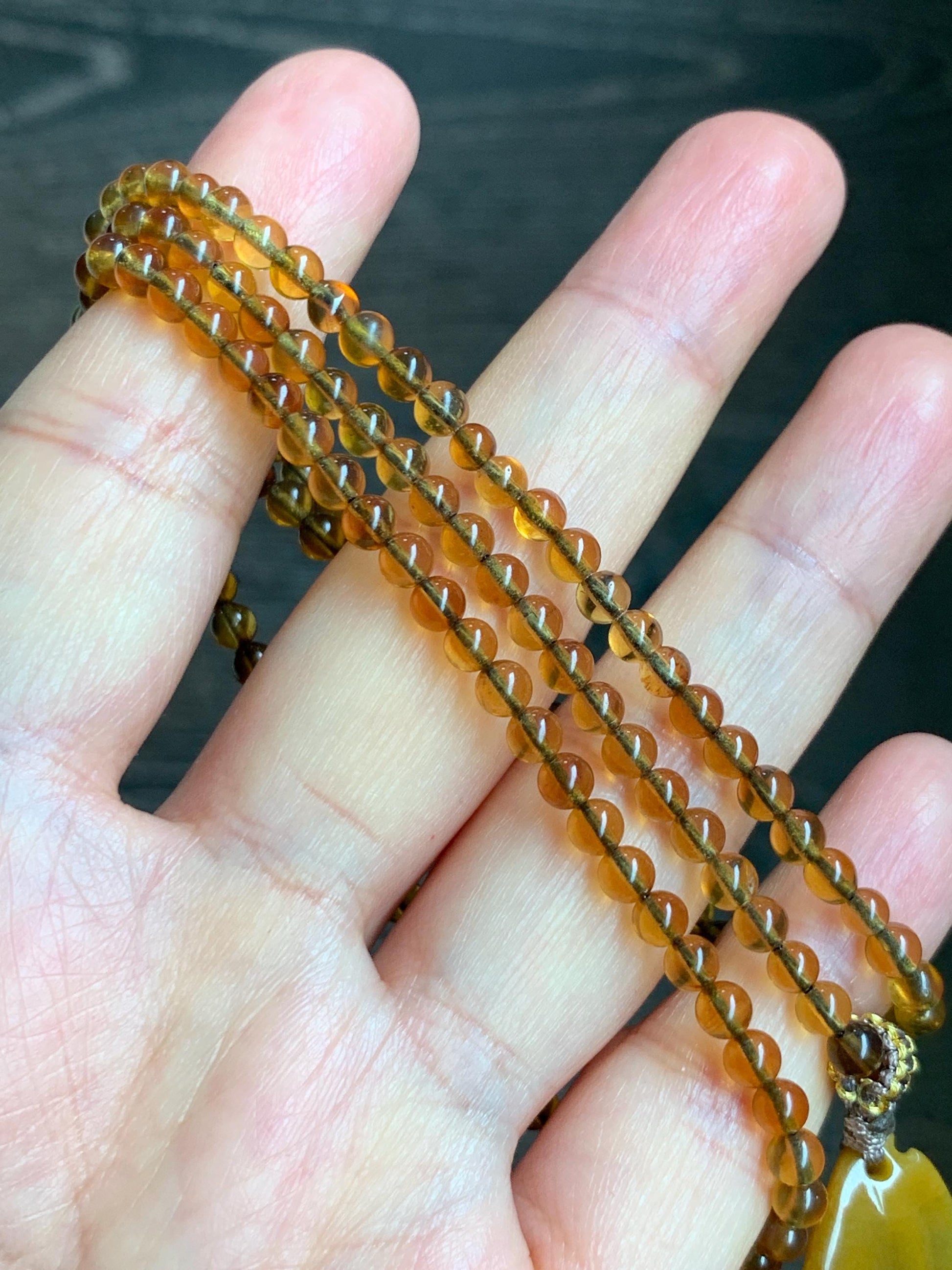 Certified Natural Grade A Guatemalan Icy Rich Yellow Jade Jadeite Carved Pixiu Pendant Beaded Necklace 22” 18g 天然冰危鸡油黄翡翠貔貅吊坠 1162