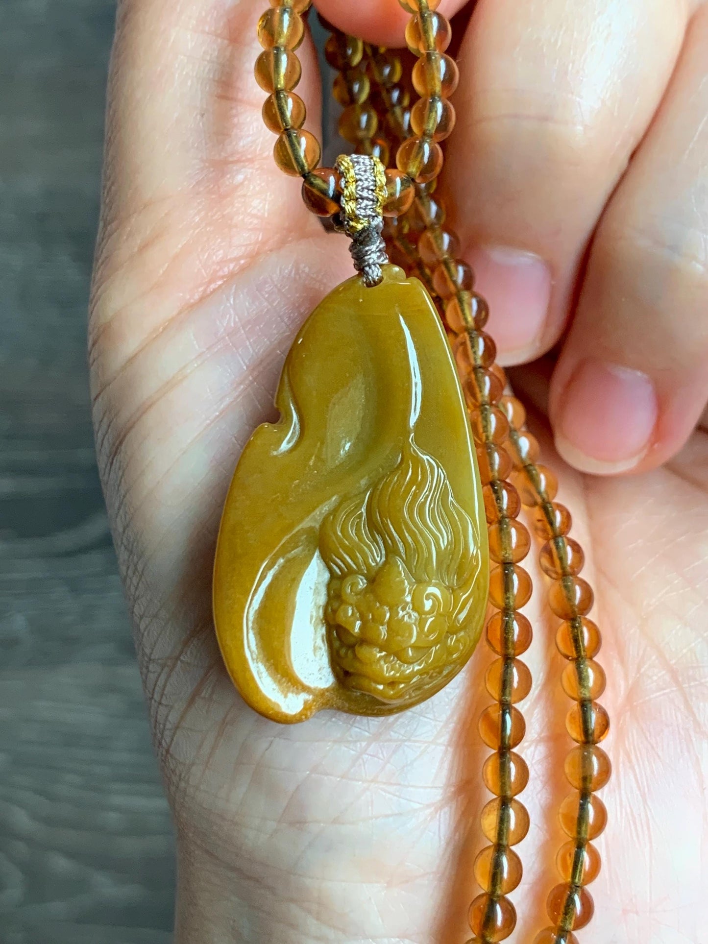 Certified Natural Grade A Guatemalan Icy Rich Yellow Jade Jadeite Carved Pixiu Pendant Beaded Necklace 22” 18g 天然冰危鸡油黄翡翠貔貅吊坠 1162