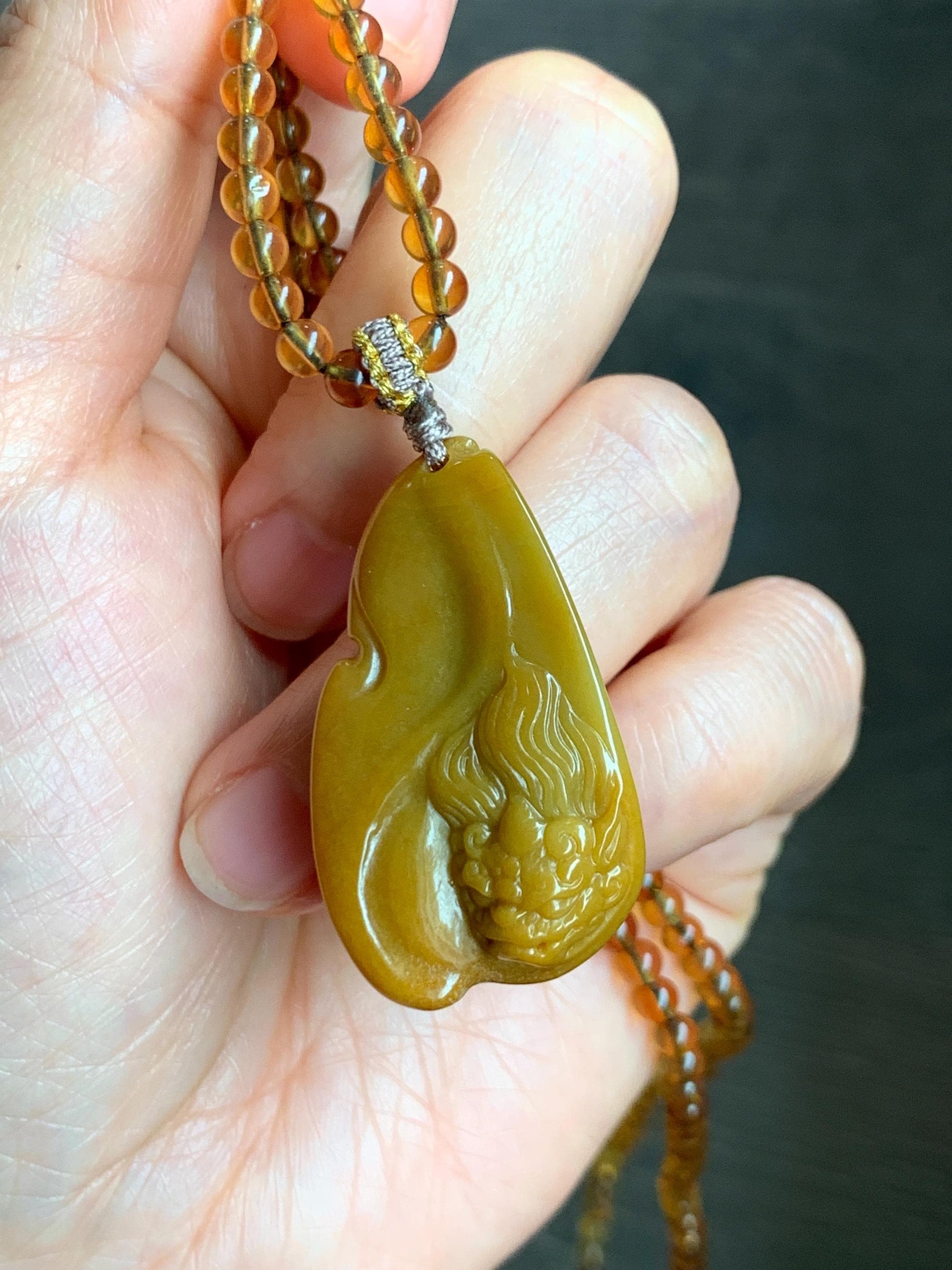 Certified Natural Grade A Guatemalan Icy Rich Yellow Jade Jadeite Carved Pixiu Pendant Beaded Necklace 22” 18g 天然冰危鸡油黄翡翠貔貅吊坠 1162