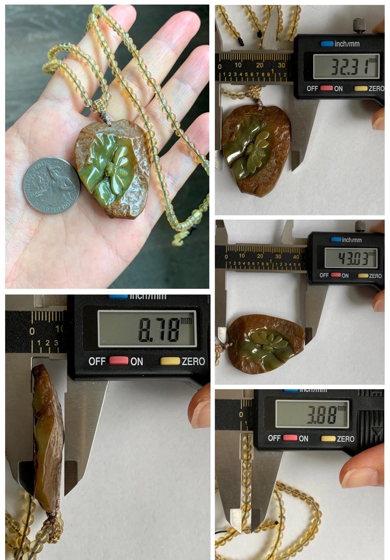 Natural Grade A Guatemalan Dark Yellow Jade Jadeite w/ Rind Carved Honey Bee Pendant Beaded Necklace 22” 24g 天然冰危黄翡翠皮壳料蜜蜂吊坠蓝珀项链 WPKM110