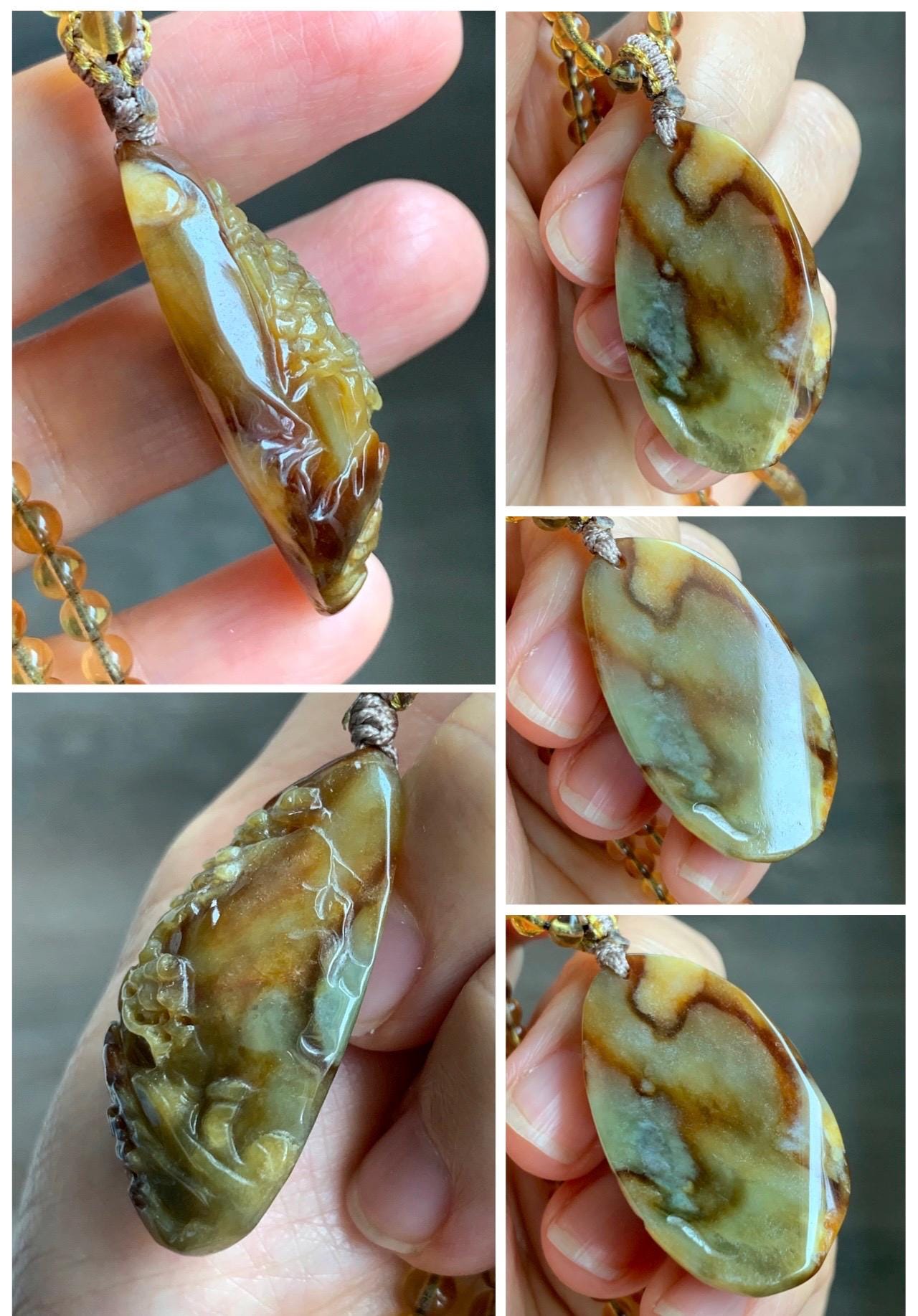 Natural Grade A Icy Dark Dusty Yellow Brown Marbled Jade Jadeite Carved Shan Shui Pendant Beaded Necklace 22” 21g 天然冰黄飘红翡翠山水吊坠蓝珀项链 MSS165