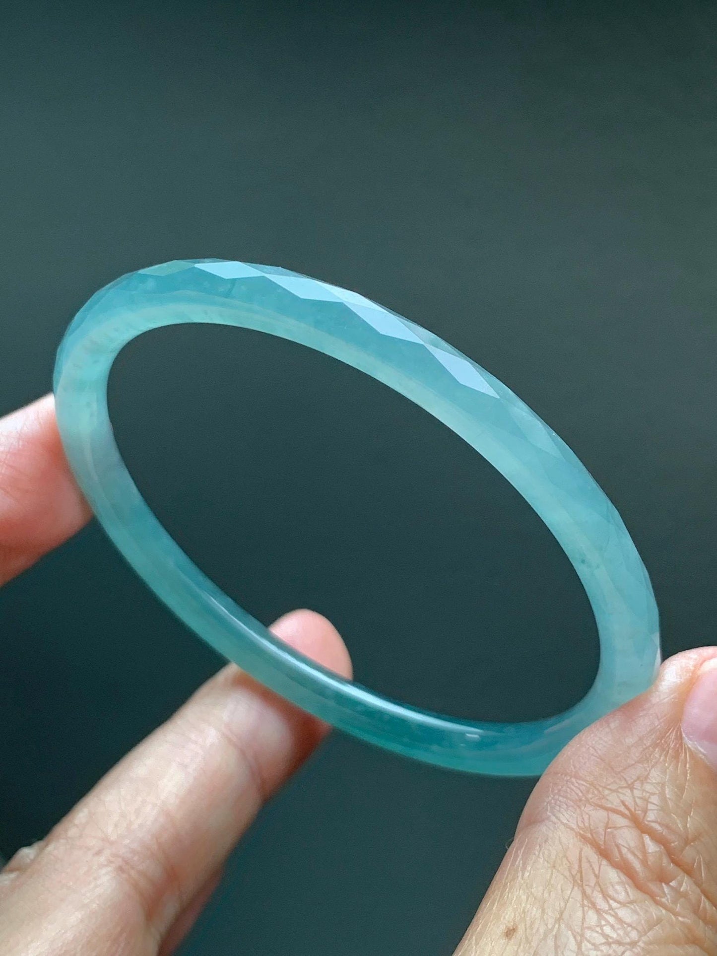 Certified Natural Grade A Guatemalan Icy Translucent Light Teal Jade Jadeite Diamond Faceted Bangle 55mm 6.8” 18g 天然冰危蓝绿翡翠细圆条切割面手镯 187