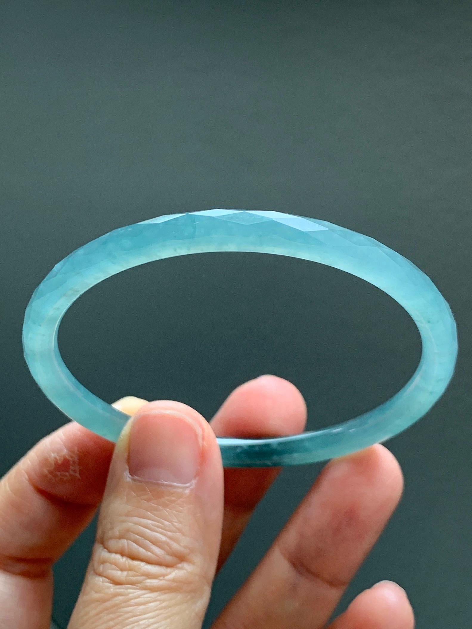 Certified Natural Grade A Guatemalan Icy Translucent Light Teal Jade Jadeite Diamond Faceted Bangle 55mm 6.8” 18g 天然冰危蓝绿翡翠细圆条切割面手镯 187