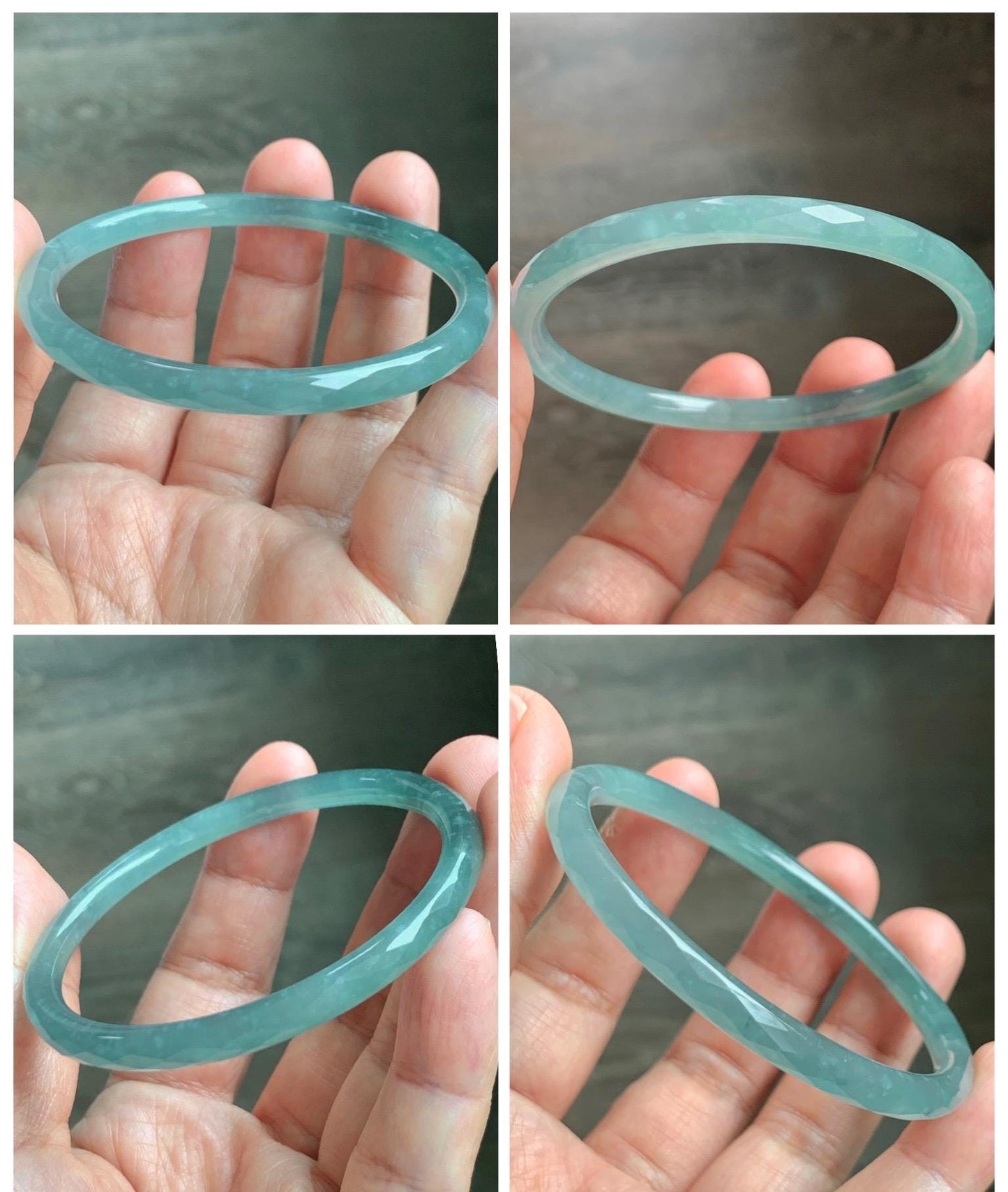 Certified Natural Grade A Guatemalan Icy Translucent Light Teal Jade Jadeite Diamond Faceted Bangle 55mm 6.8” 18g 天然冰危蓝绿翡翠细圆条切割面手镯 187