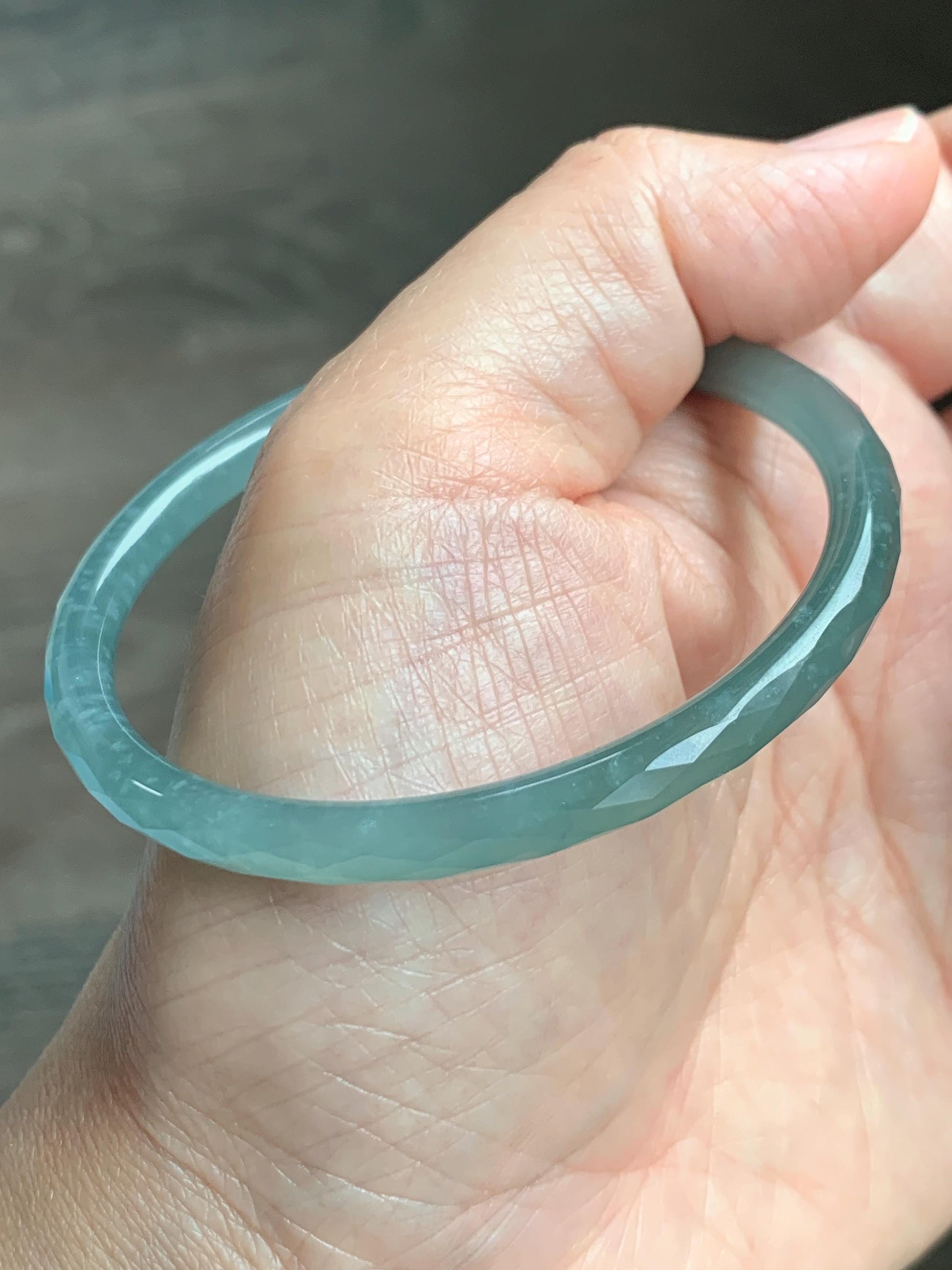 Certified Natural Grade A Guatemalan Icy Translucent Light Teal Jade Jadeite Diamond Faceted Bangle 55mm 6.8” 18g 天然冰危蓝绿翡翠细圆条切割面手镯 187