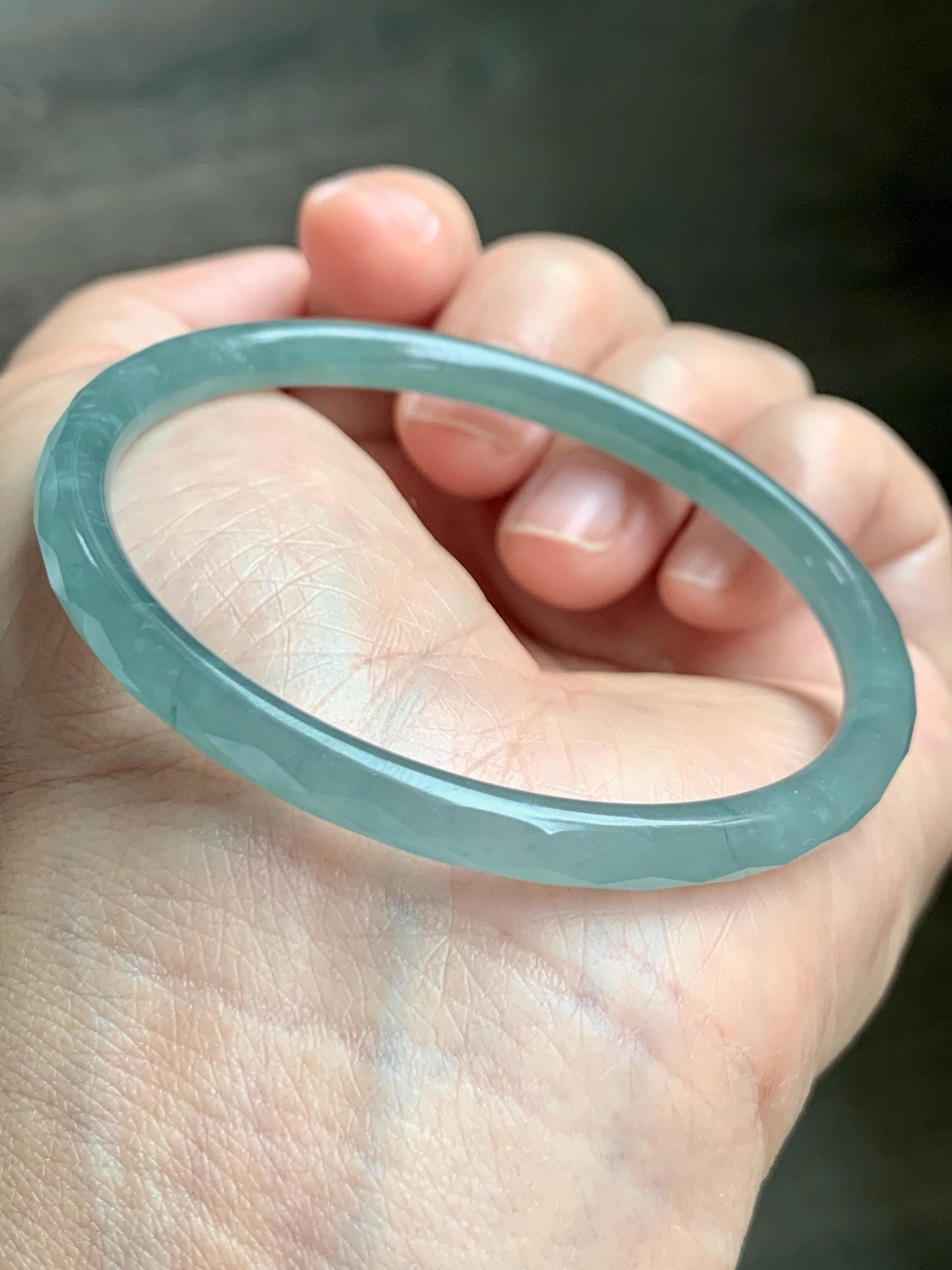 Certified Natural Grade A Guatemalan Icy Translucent Light Teal Jade Jadeite Diamond Faceted Bangle 55mm 6.8” 18g 天然冰危蓝绿翡翠细圆条切割面手镯 187