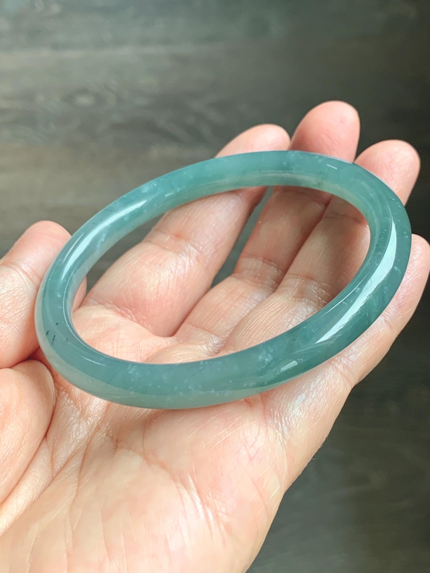 Certified Natural Grade A Guatemalan Icy Translucent Dusty Teal Green Jade Jadeite Bangle Bracelet 59mm 7.32” 31g 天然冰危蓝绿圆条翡翠手镯 210
