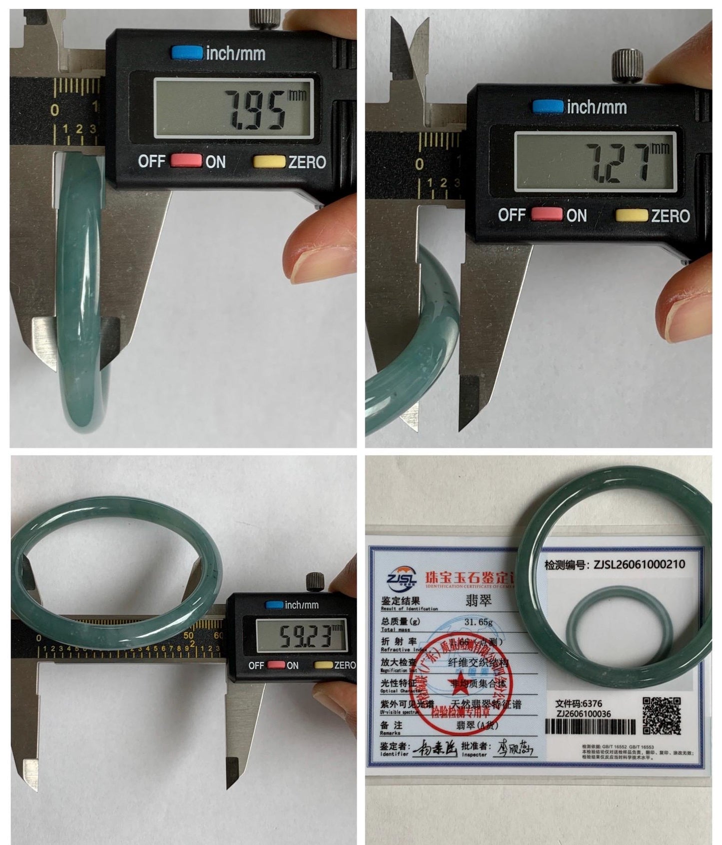Certified Natural Grade A Guatemalan Icy Translucent Dusty Teal Green Jade Jadeite Bangle Bracelet 59mm 7.32” 31g 天然冰危蓝绿圆条翡翠手镯 210