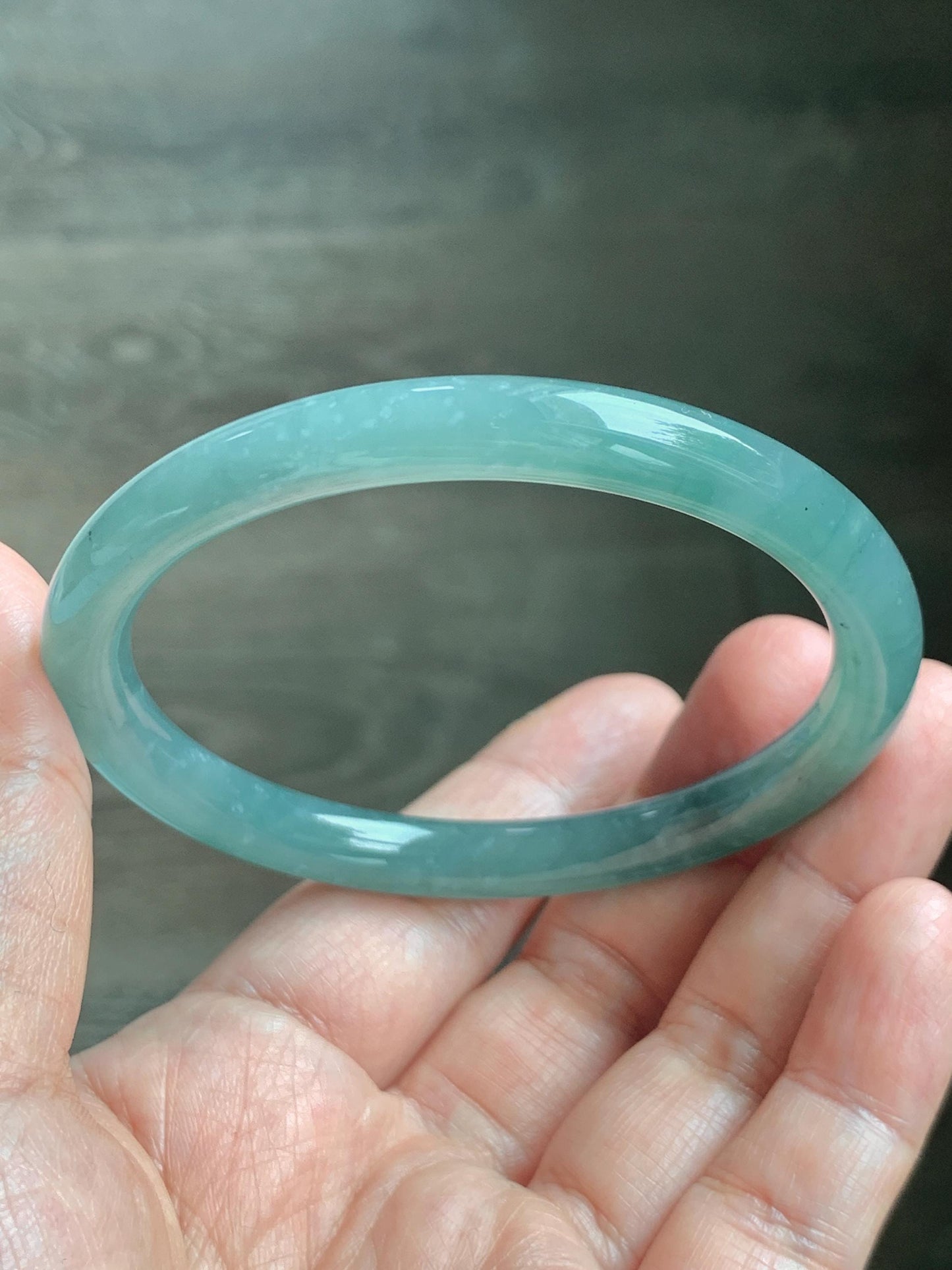 Certified Natural Grade A Guatemalan Icy Translucent Dusty Teal Green Jade Jadeite Bangle Bracelet 59mm 7.32” 31g 天然冰危蓝绿圆条翡翠手镯 210