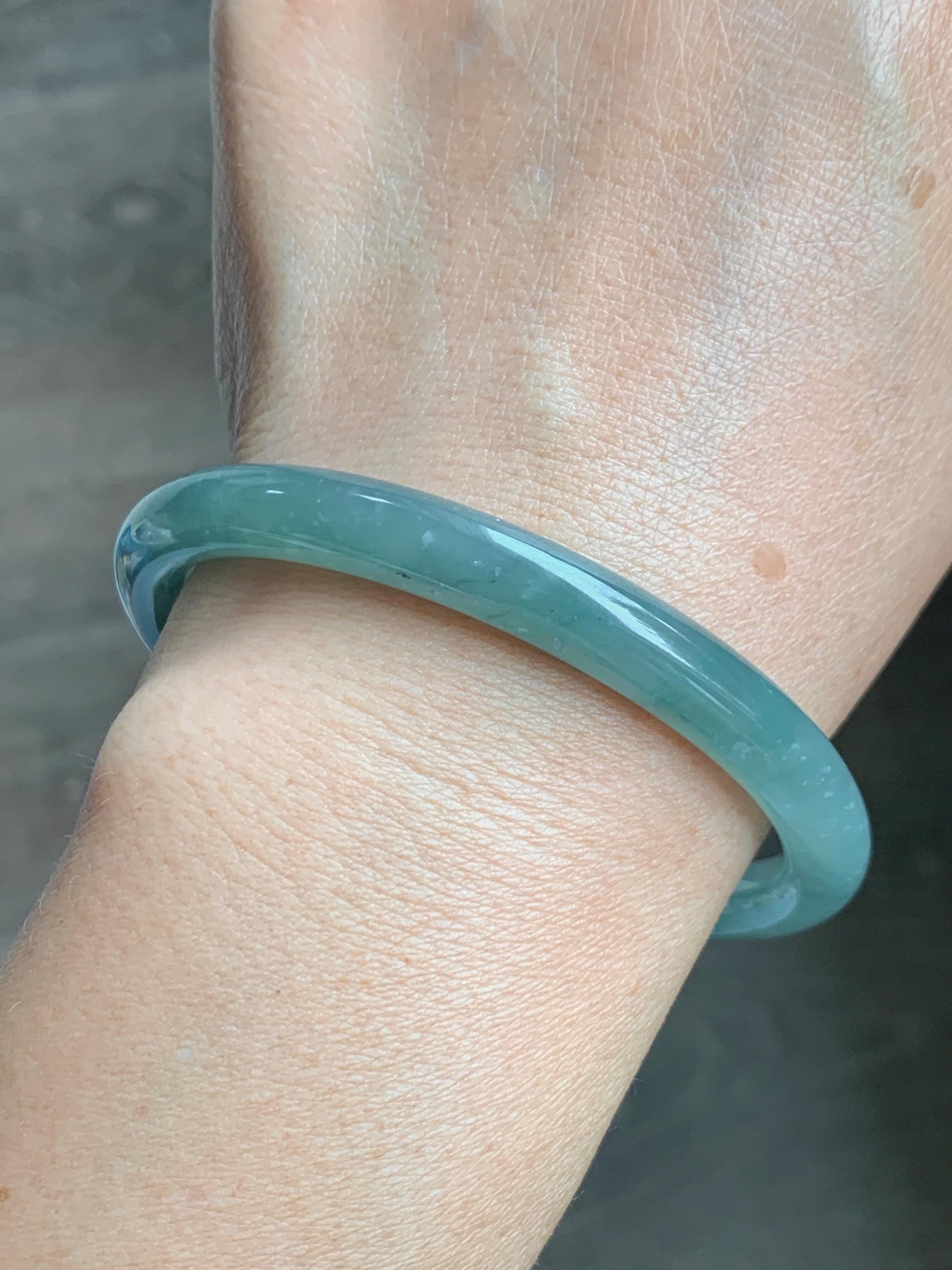 Certified Natural Grade A Guatemalan Icy Translucent Dusty Teal Green Jade Jadeite Bangle Bracelet 59mm 7.32” 31g 天然冰危蓝绿圆条翡翠手镯 210