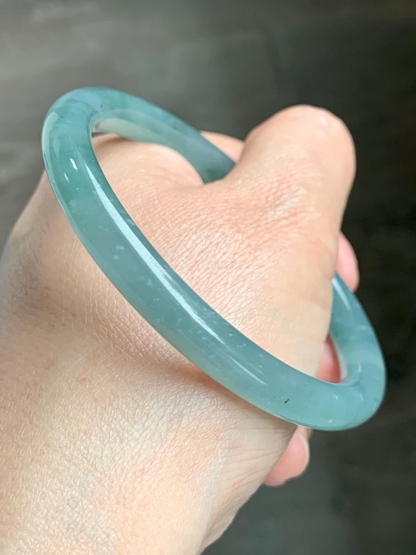 Certified Natural Grade A Guatemalan Icy Translucent Dusty Teal Green Jade Jadeite Bangle Bracelet 59mm 7.32” 31g 天然冰危蓝绿圆条翡翠手镯 210
